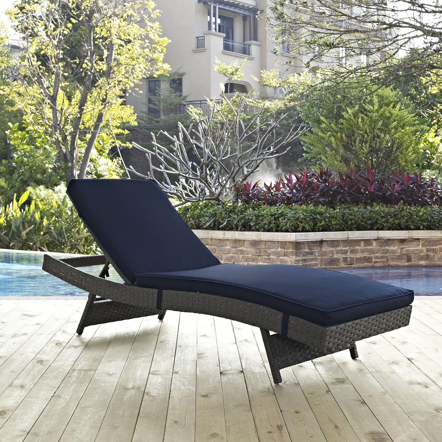 Navy Sunbrella Fabric and Wicker Outdoor Chaise Lounge