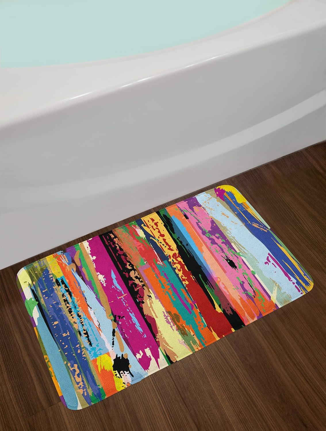 Abstract Bath Mat, Multicolored Expressionist Work of Art Vibrant Rainbow Design Tainted Pattern, Plush Bathroom Decor Mat with Non Slip Backing, 29.5" X 17.5", Magenta Blue, by Ambesonne