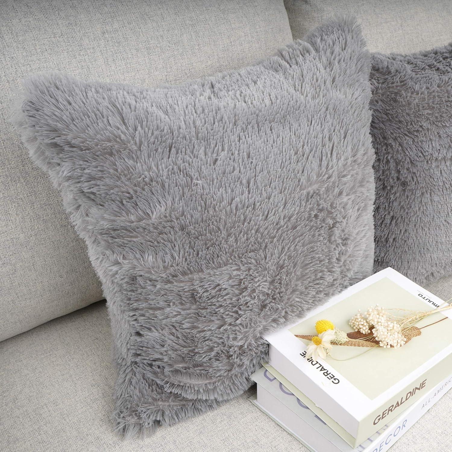 Juvale Set of 2 Gray Faux Fur Decorative Throw Pillow Covers Cushion Cases for Couch Sofa, Fuzzy Home Decor, 18x18 in