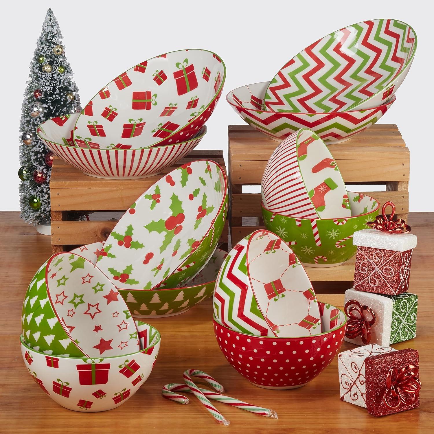 Holiday Red and Green Ceramic Christmas Mug Set, 14 oz, 6 Pieces