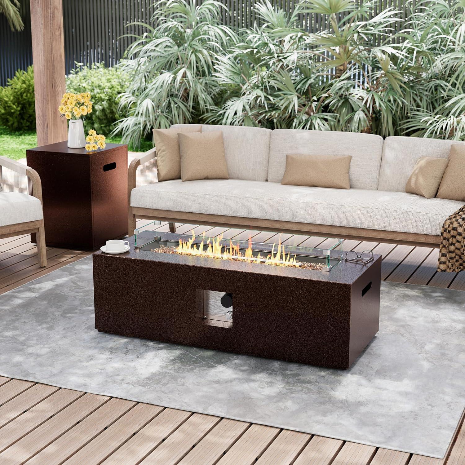 UPHA 42-inch Outdoor Propane Rectangle Fire Pit Table 50000 BTU Iron Gas FirePit for Outside Patio with Tank Cover, Removable Lid, Lava Rocks, Rain Cover, Grey