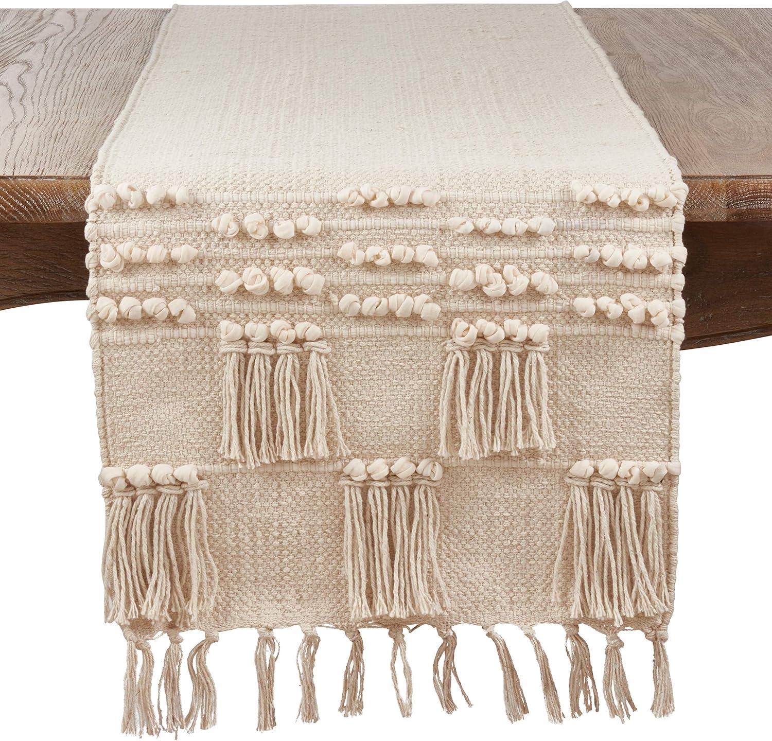 Beige Cotton Tassel Moroccan Table Runner, 16" x 72"