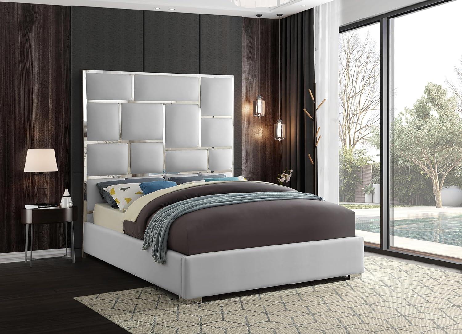 Meridian Furniture Milan Solid Wood and Faux Leather Queen Bed in White