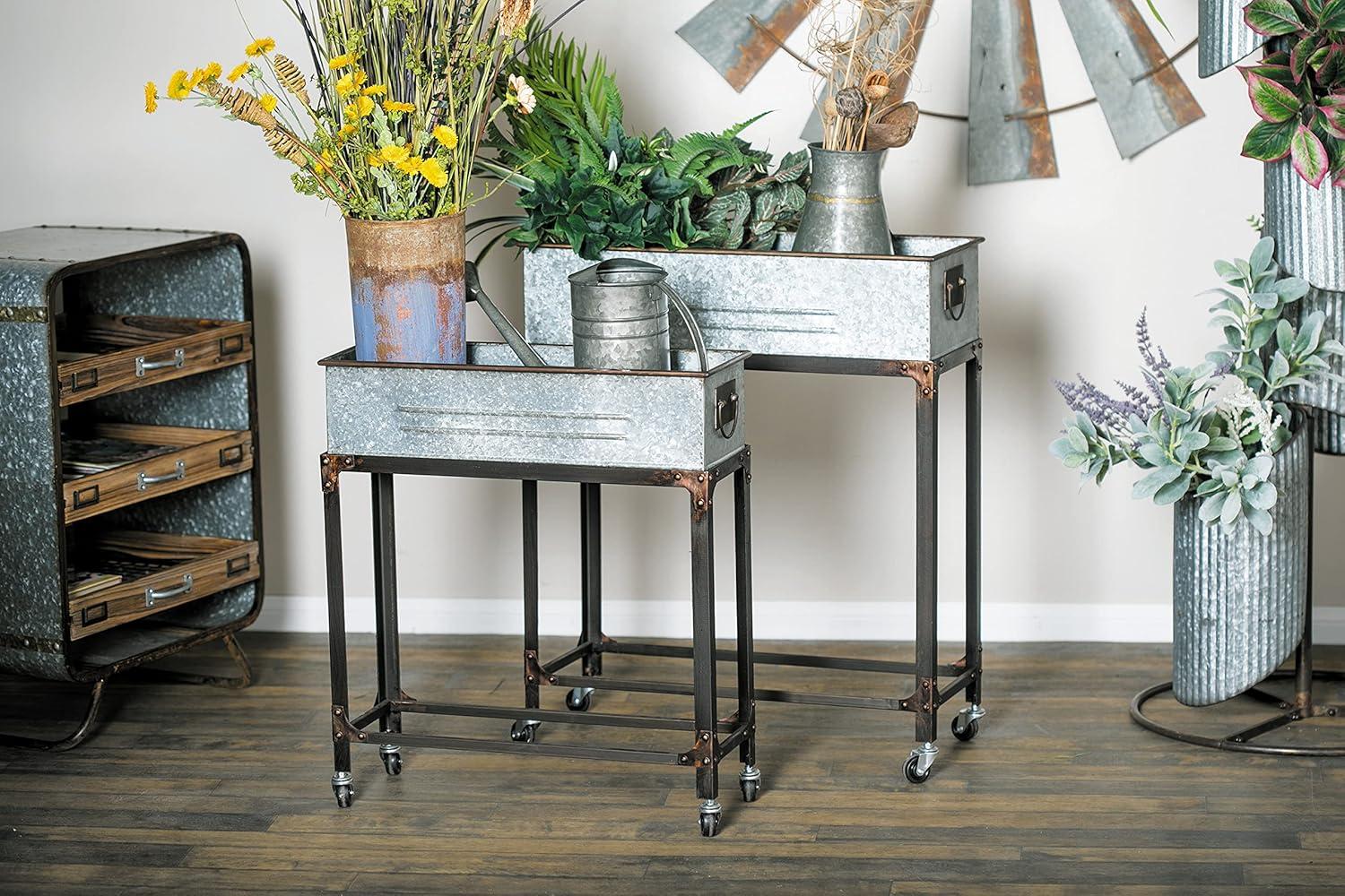 Set of 2 Farmhouse Rectangular Rolling Planters, Galvanized Gray - Indoor/Outdoor, Iron-Made, Rustic Finish - Olivia & May