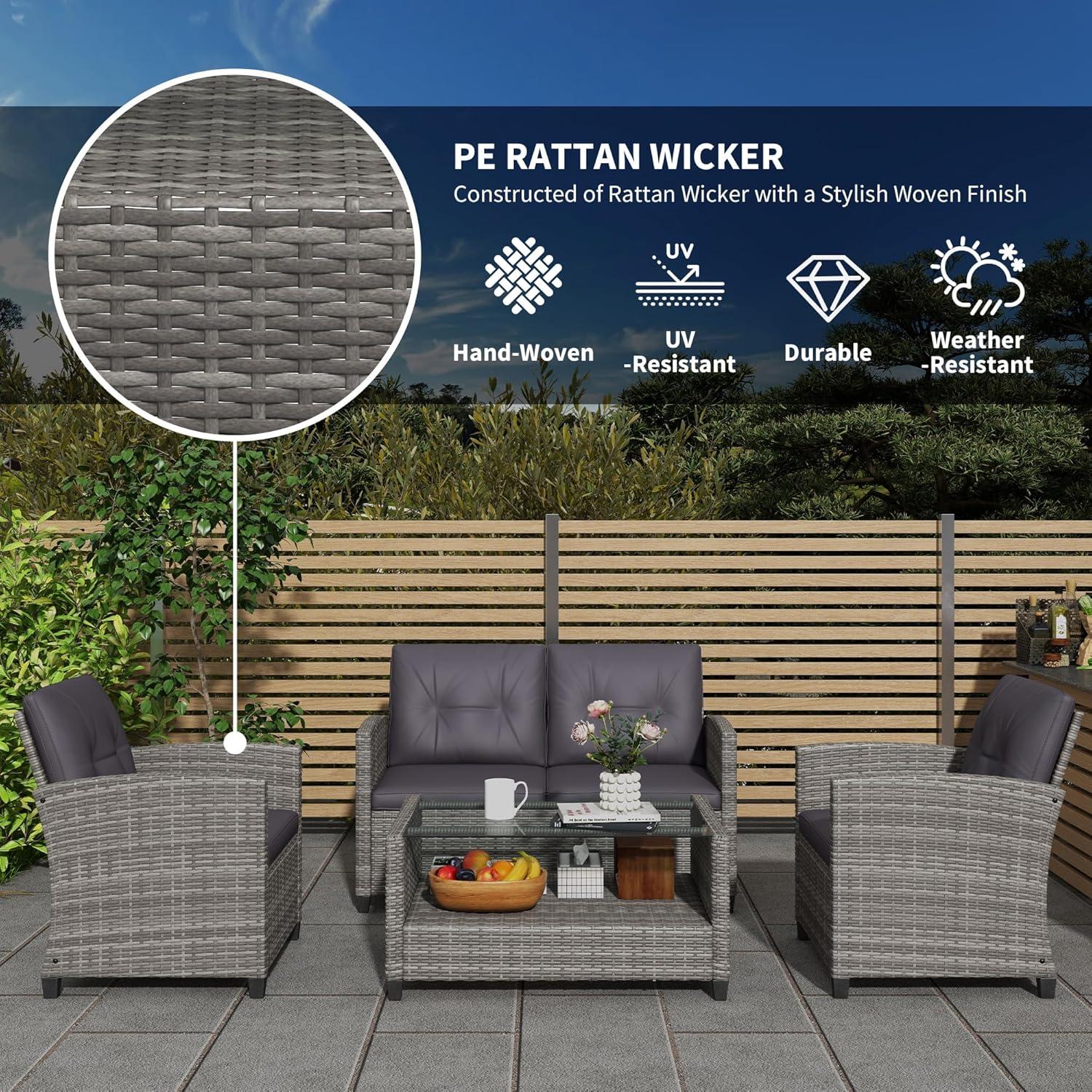 Outsunnny 4 Piece Patio Furniture Set, Outdoor Wicker Loveseat Sofa & Chairs, with 2-Tier Coffee Table & Tufted Cushions, Carbonized