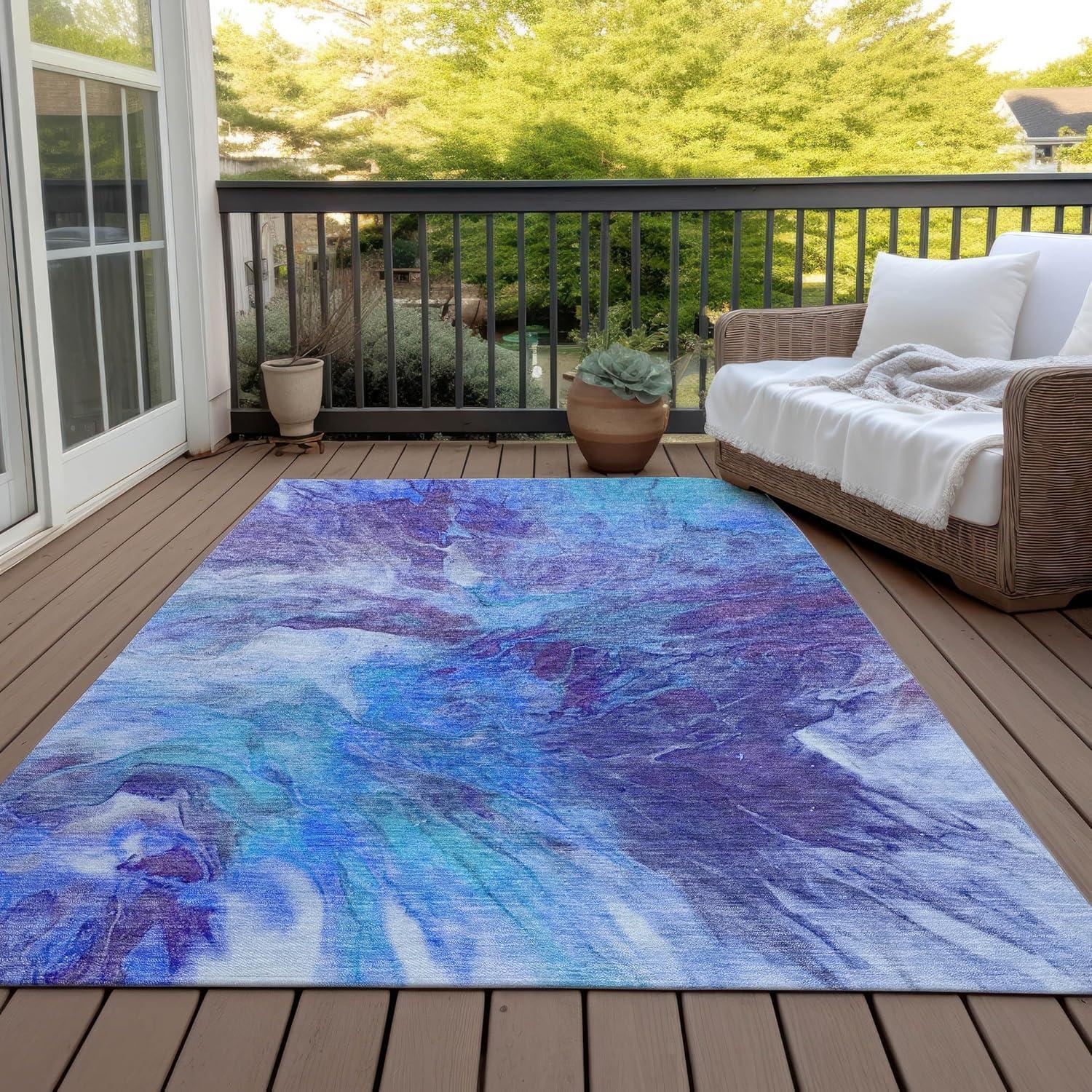 Blue Abstract Washable Synthetic 3' x 5' Area Rug