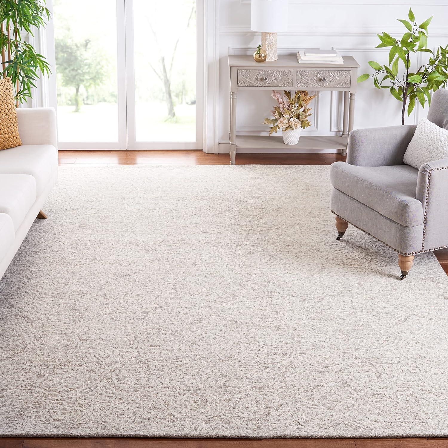 Ivory Floral Elegance 8' Square Hand-Tufted Wool Rug