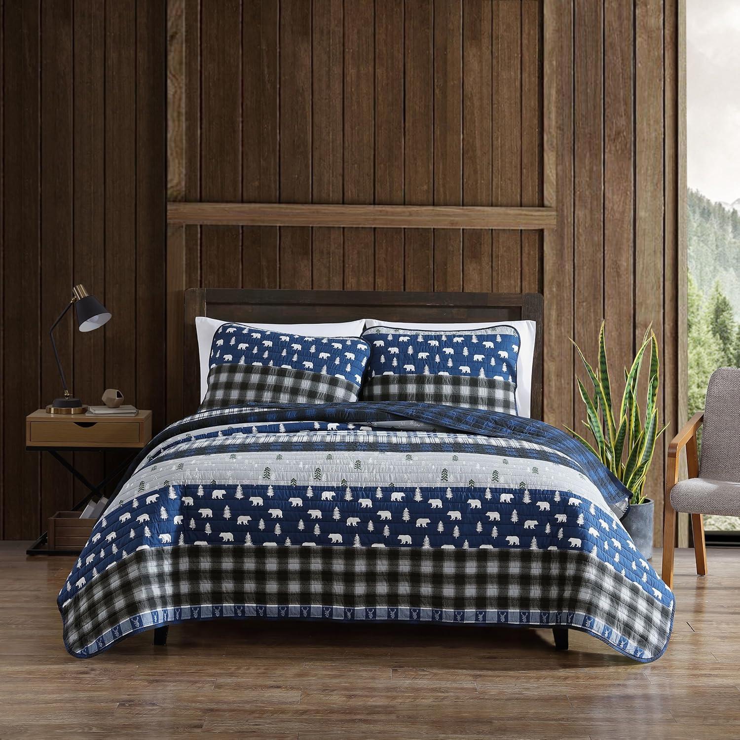 Eddie Bauer Blue Creek Plaid Cotton Reversible Quilt Set