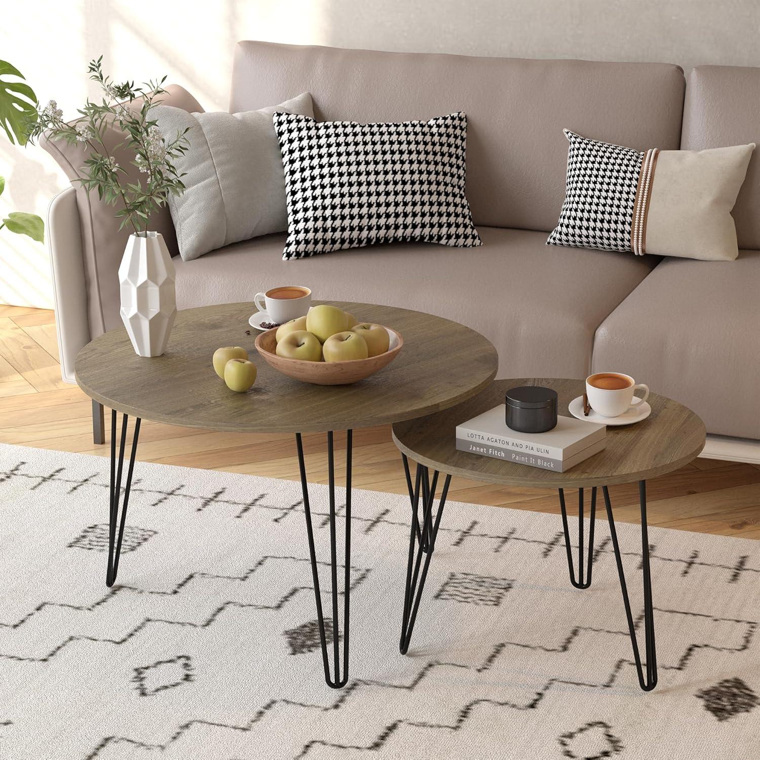 Yesfashion 27.56" Nesting Coffee Table Set Of 2, Modern Round Marble Pattern Wooden Side Tables With Metal Frame, Circular Nesting End Table Set For Living Room