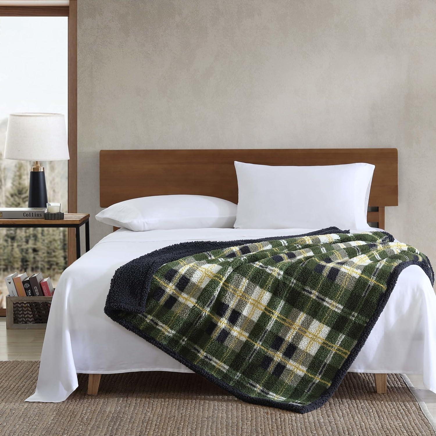 Trailhead Plaid Green Sherpa Fleece Reversible Throw Blanket