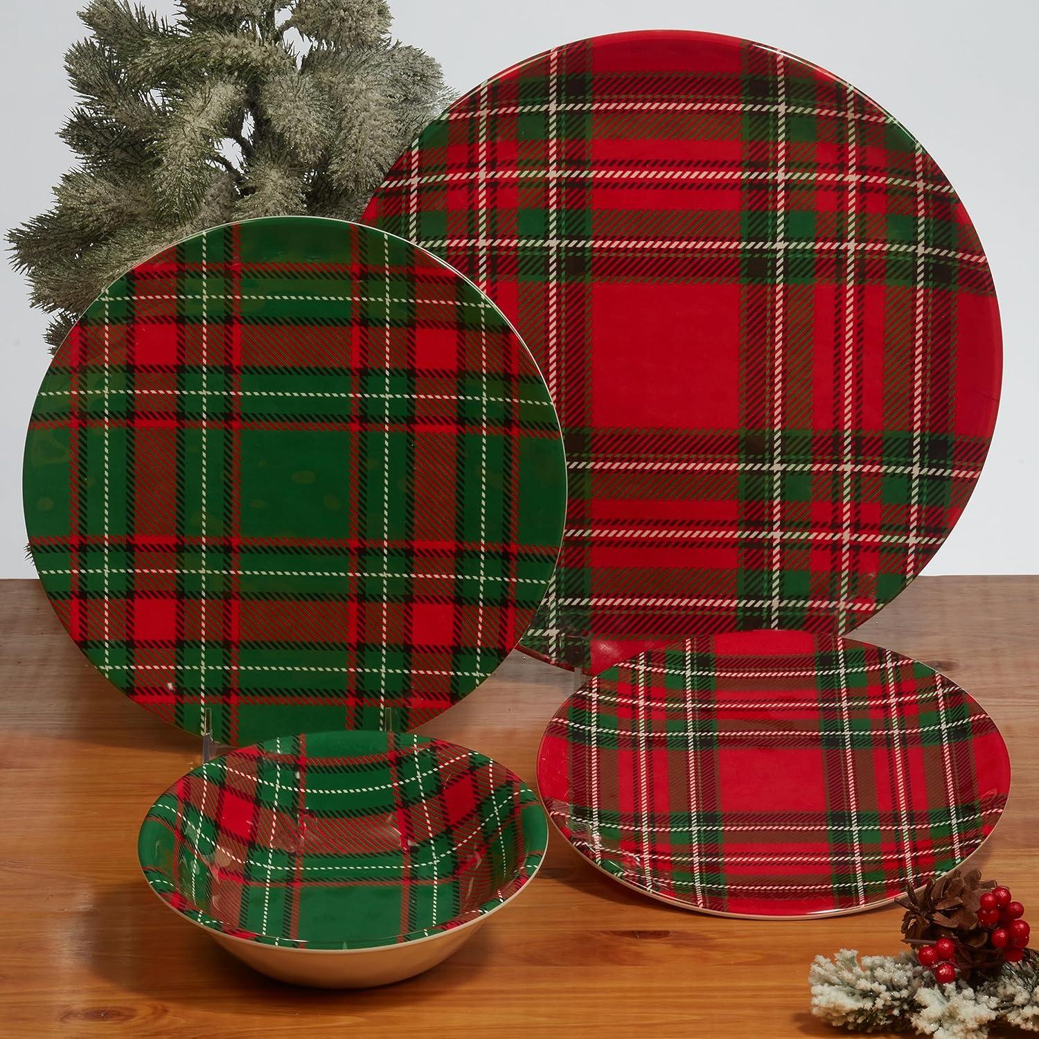 Christmas Plaid 12-Piece Melamine Dinnerware Set, Service for 4