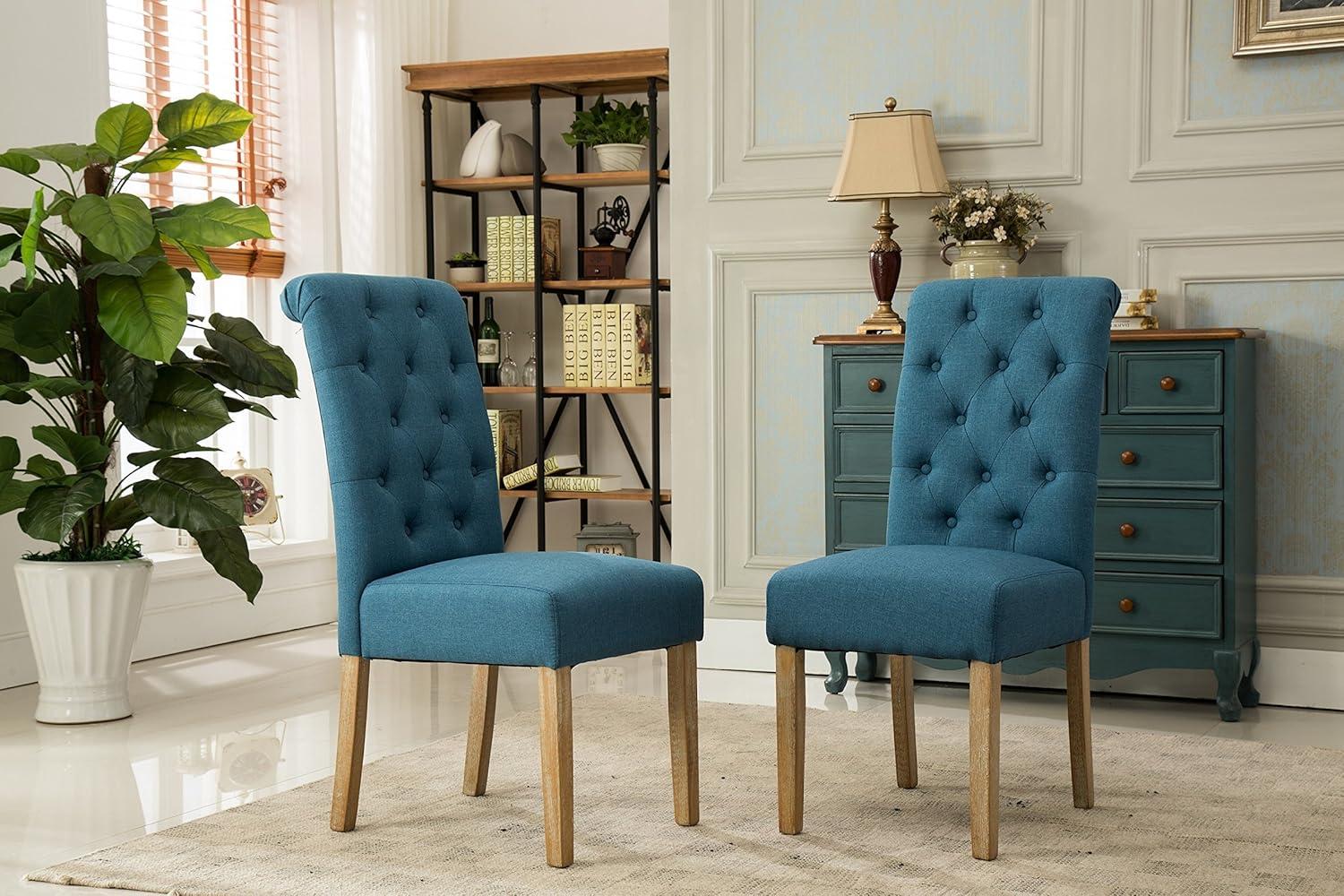 Roundhill Furniture Habit Blue Solid Wood Tufted Parsons Dining Chair ,Set of 2