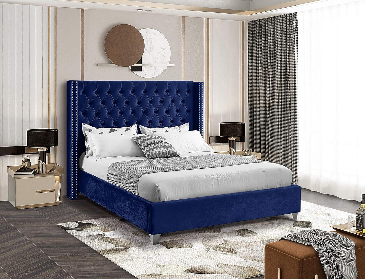 Meridian Furniture Aiden Velvet Queen Bed-Color:Navy Velvet,Style:Contemporary