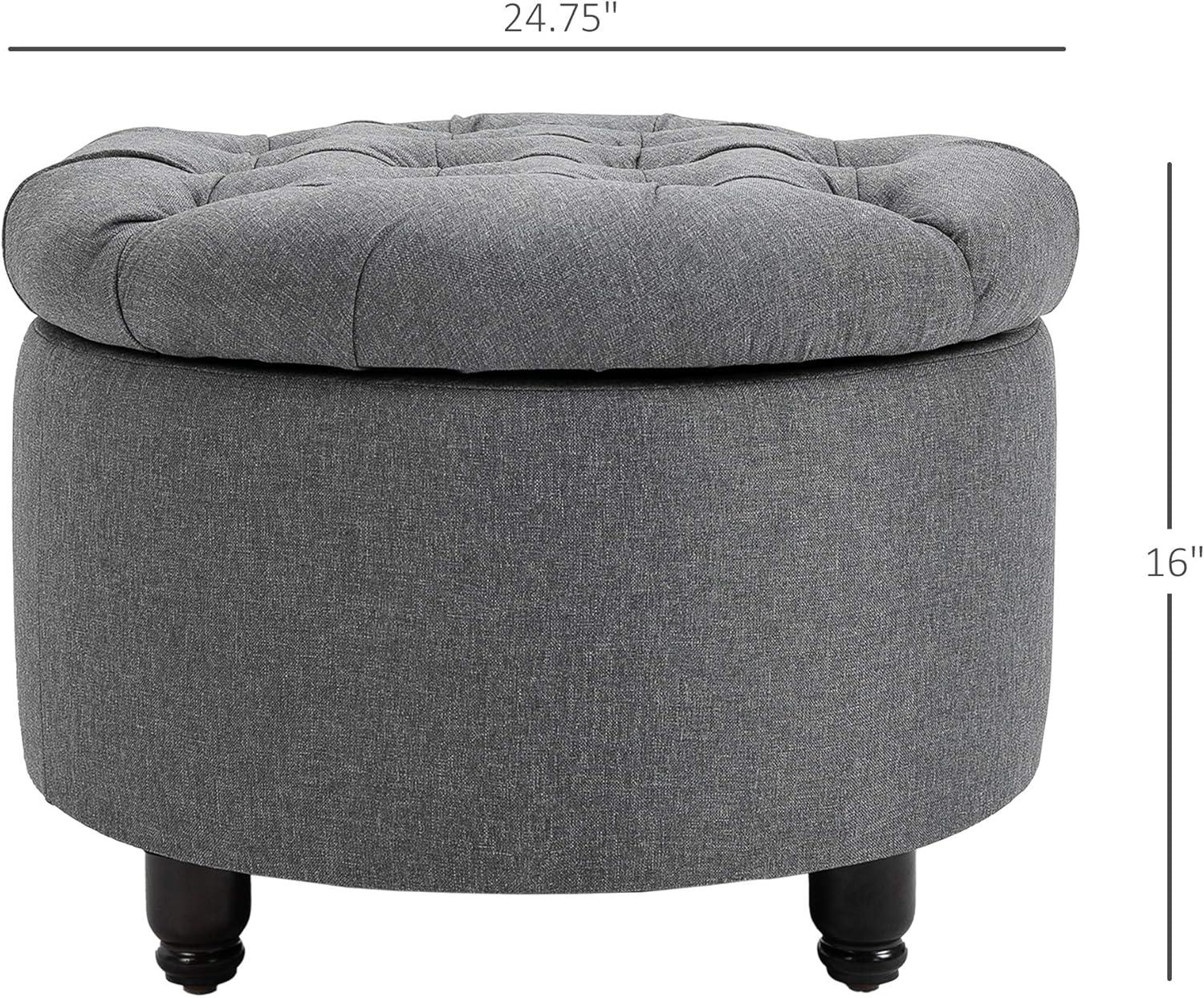 HOMCOM Round Linen-touch Fabric Storage Footstool Ottoman Button Tufted Footrest with Removable Lid, Grey