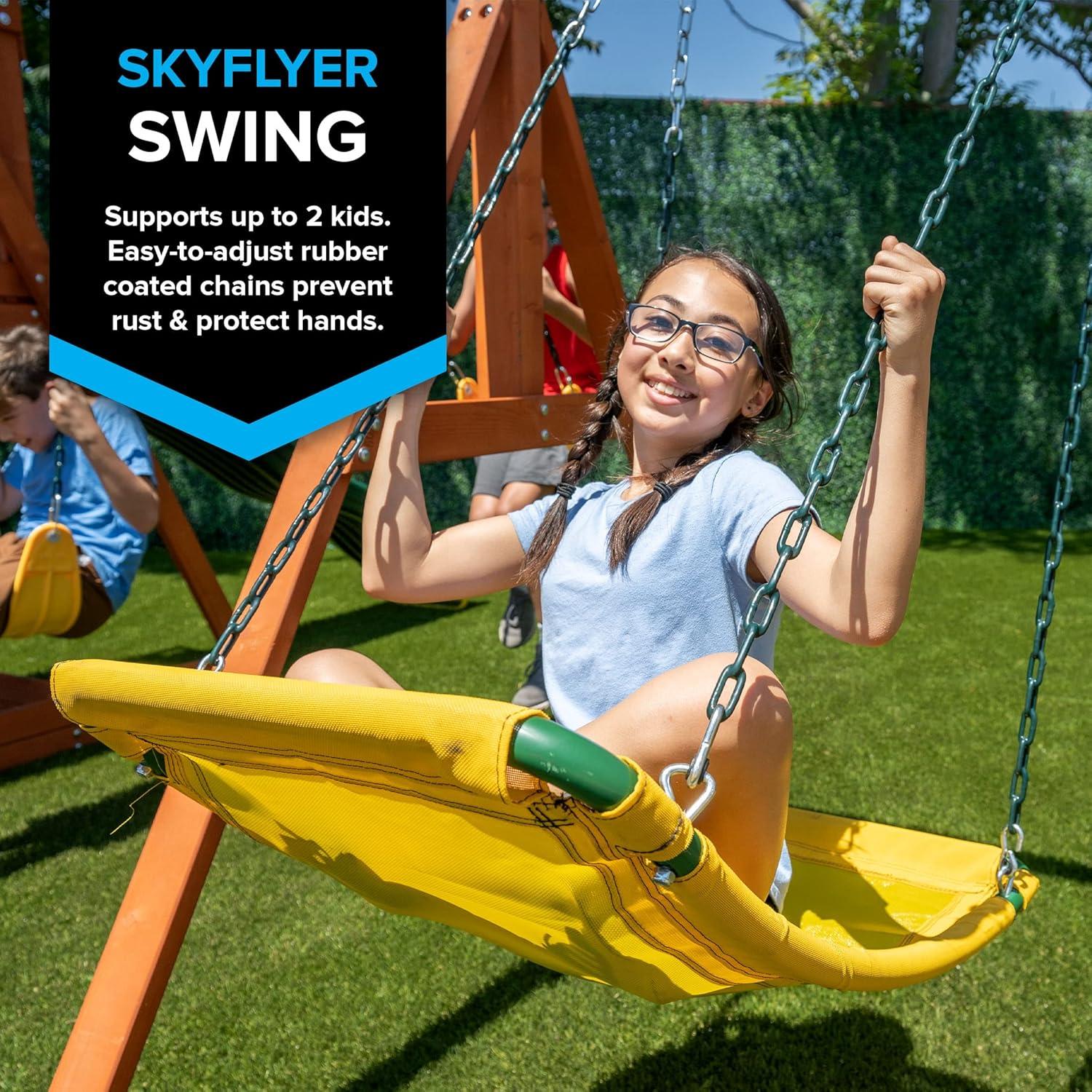 Olympia Natural Wood Swing Set with Green Slide and Fort