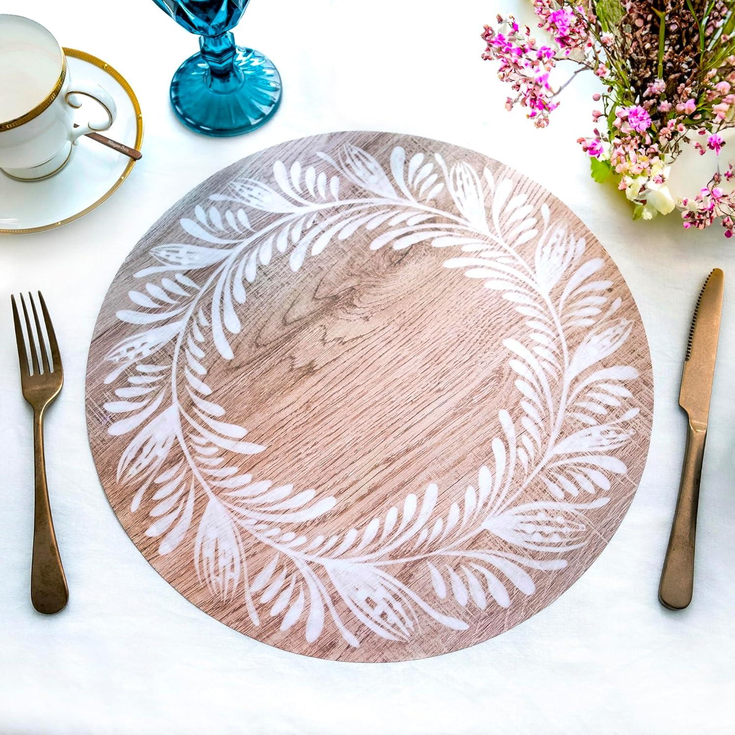 Hand Painted Floral on Wood Round Paper Placemats Disposable, for Dining Table, Paper Chargers, Wood Placemats, 14", 100PCS, Parties, Weddings, Thanksgiving, Valentines Day