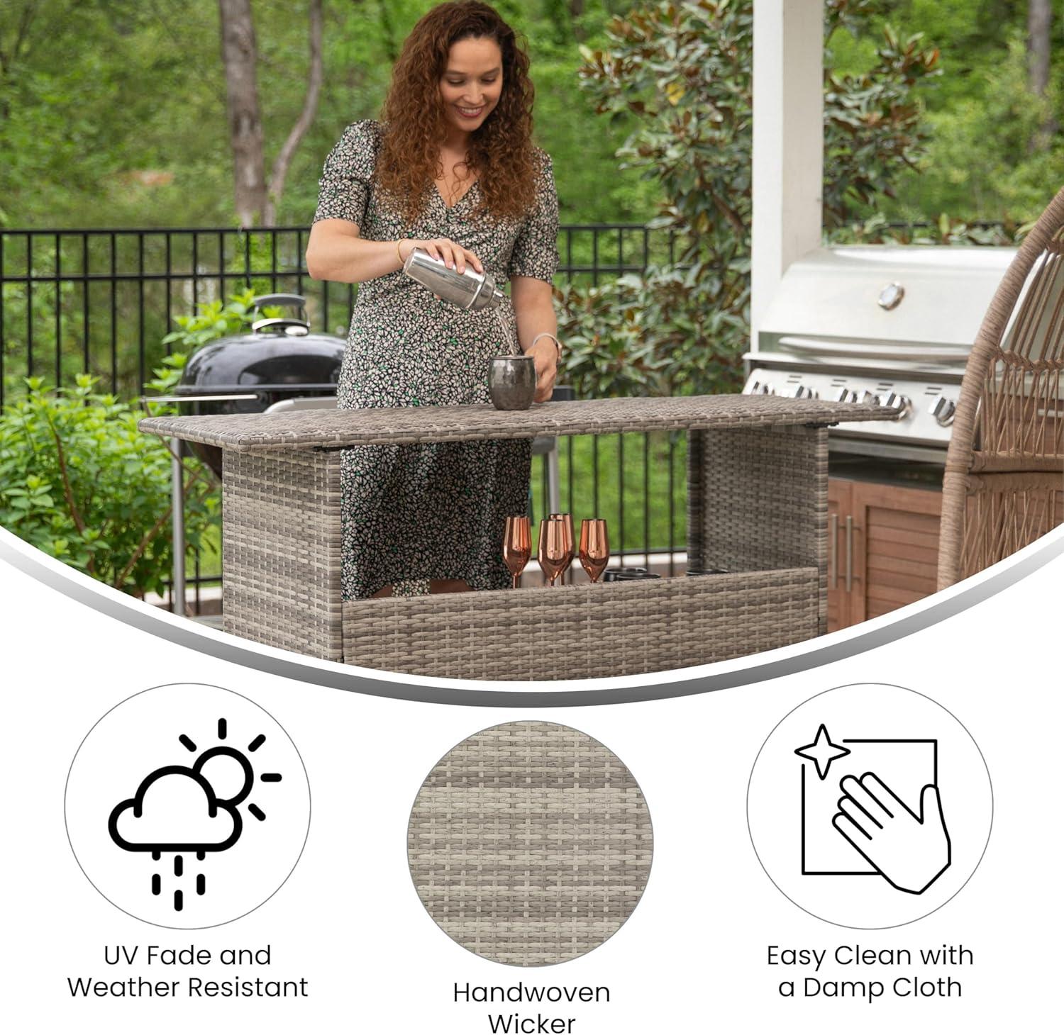 Flash Furniture Marco Indoor/Outdoor Patio Wicker Rattan Bar Counter Table with 2 Shelves, Gray