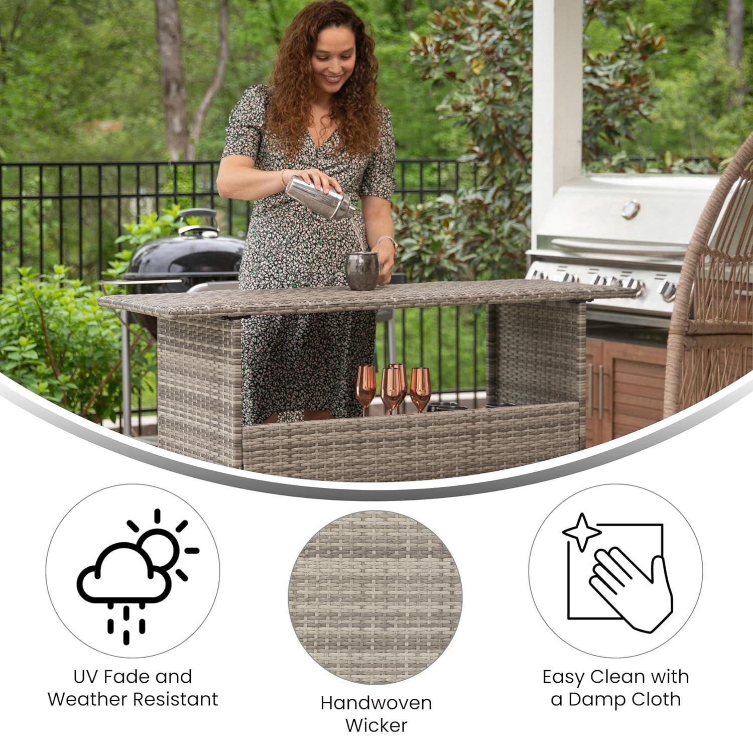 Flash Furniture Marco Indoor/Outdoor Patio Wicker Rattan Bar Counter Table with 2 Shelves, Gray