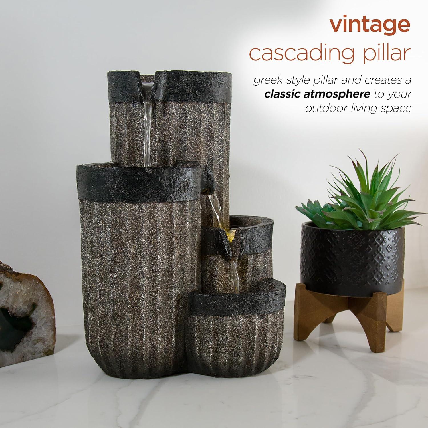 14" Resin Cascading Pillar Tabletop Fountain with LED Lights Gray - Alpine Corporation: Durable, Weatherproof Design, No Assembly Required