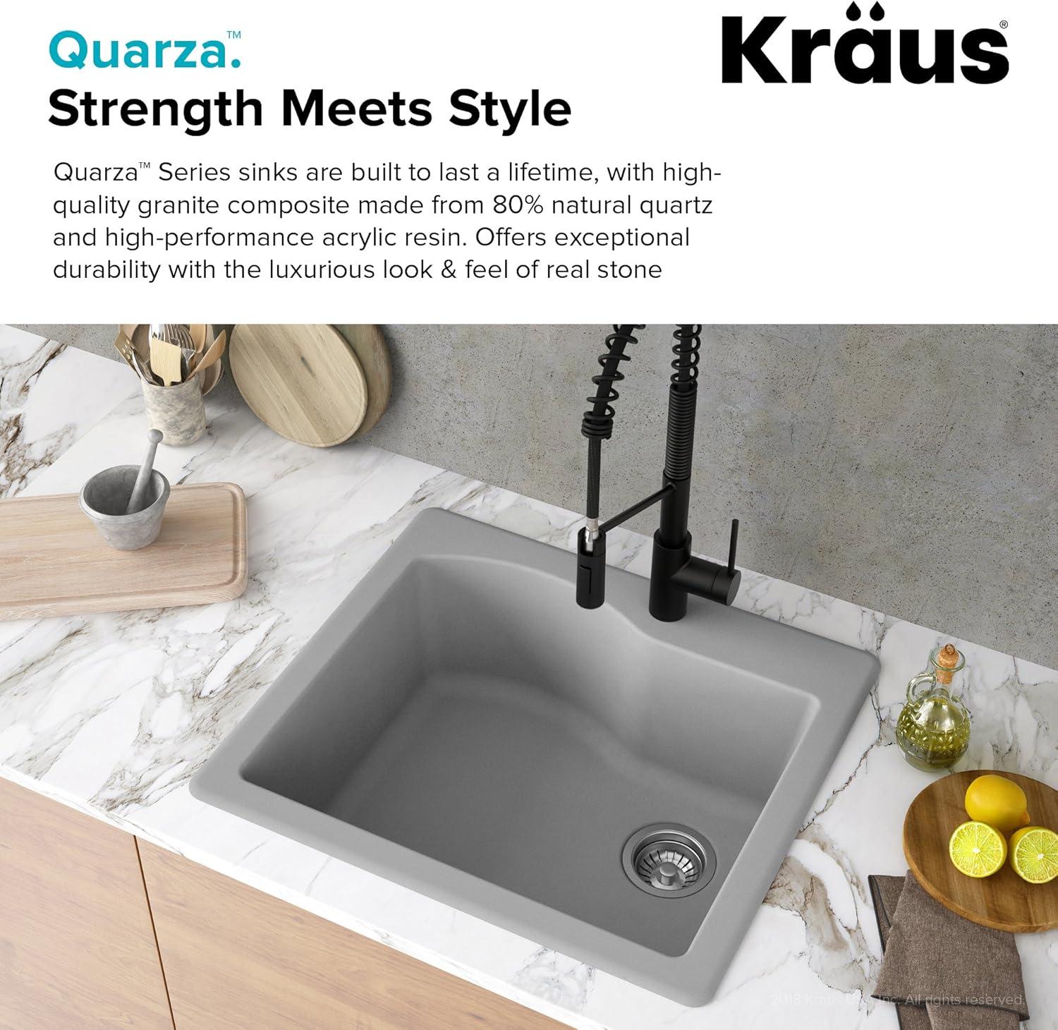 Kraus Quarza 25 Dual Mount Single Bowl Granite Kitchen Sink and Strainer in Grey