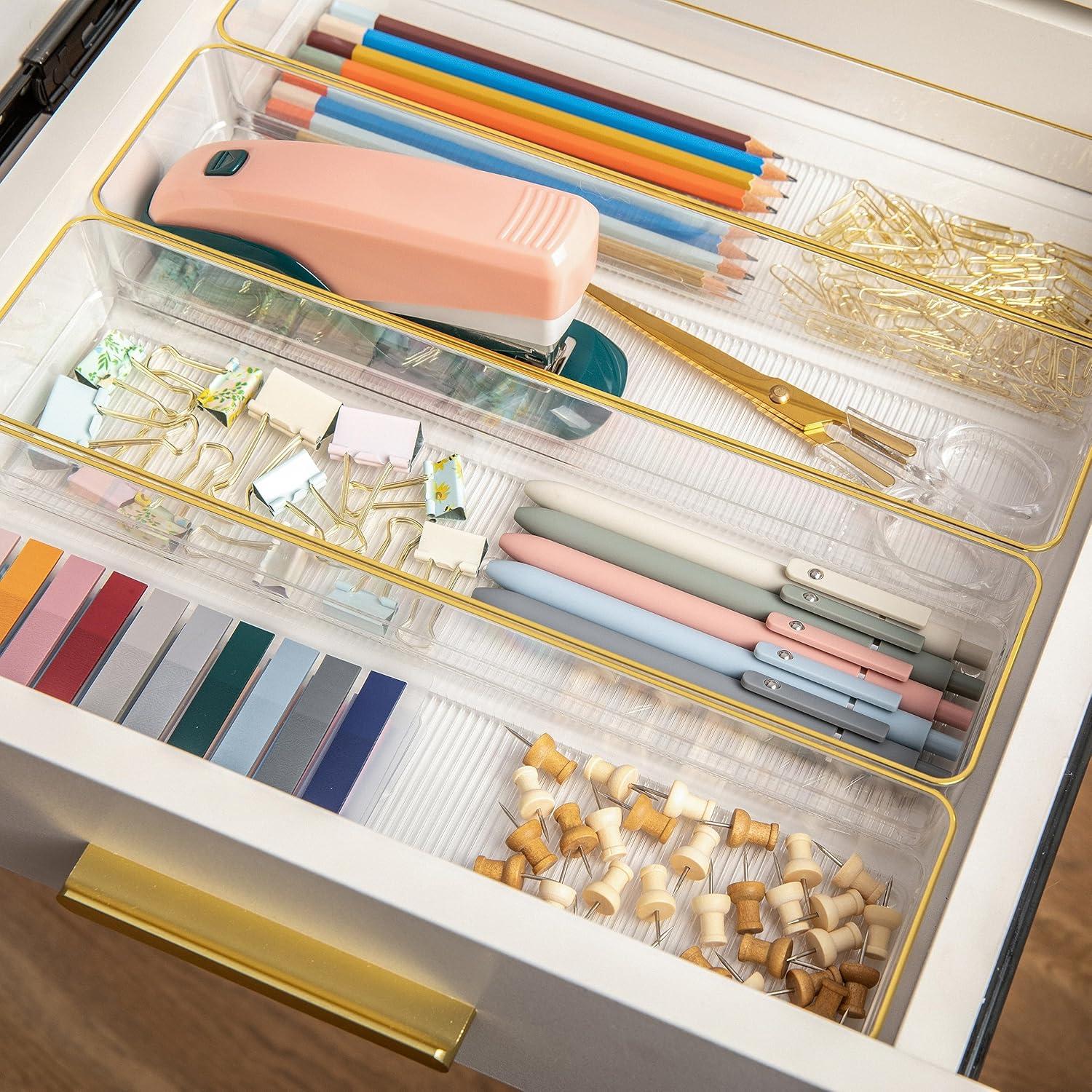 Thomas Martha Stewart Plastic Stackable Office Desk Drawer Organizers with Metallic Trim, 9" x 3"