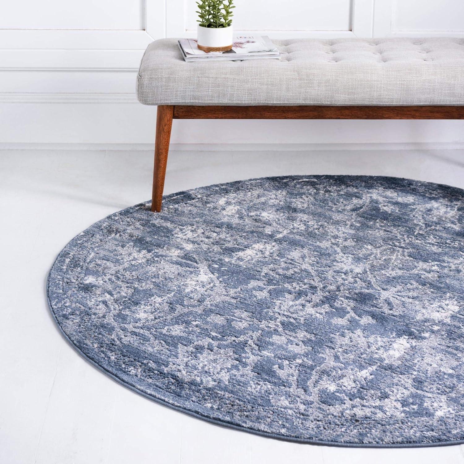 Rugs.com Oregon Collection Rug – 3 Ft Round Blue Low-Pile Rug Perfect For Kitchens, Dining Rooms