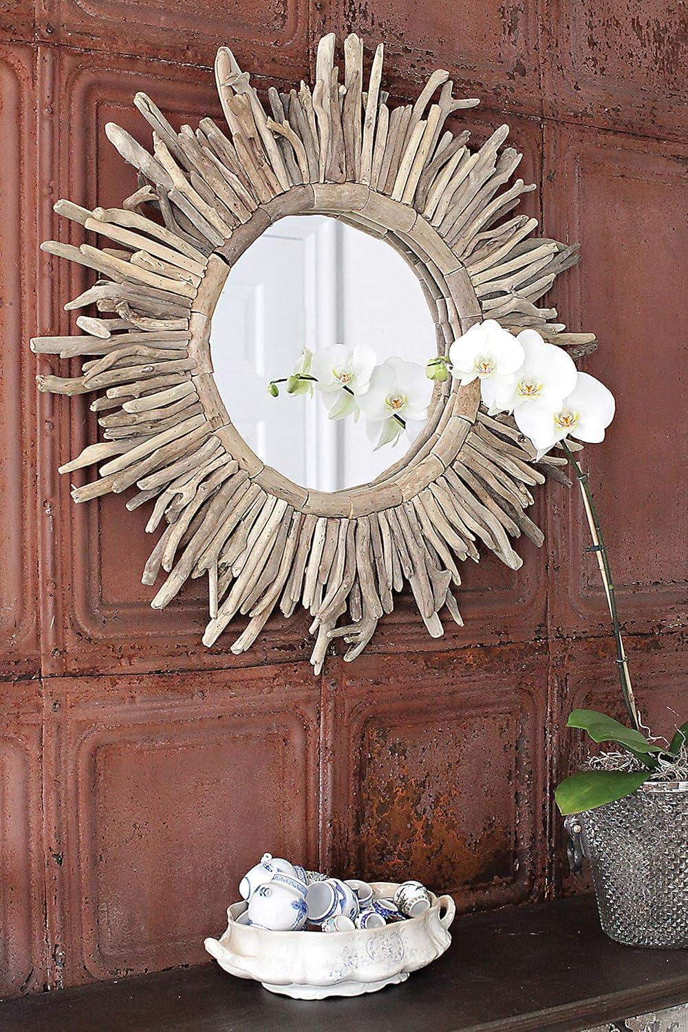 Coastal Charm Driftwood Sunburst Round Wall Mirror, 26"