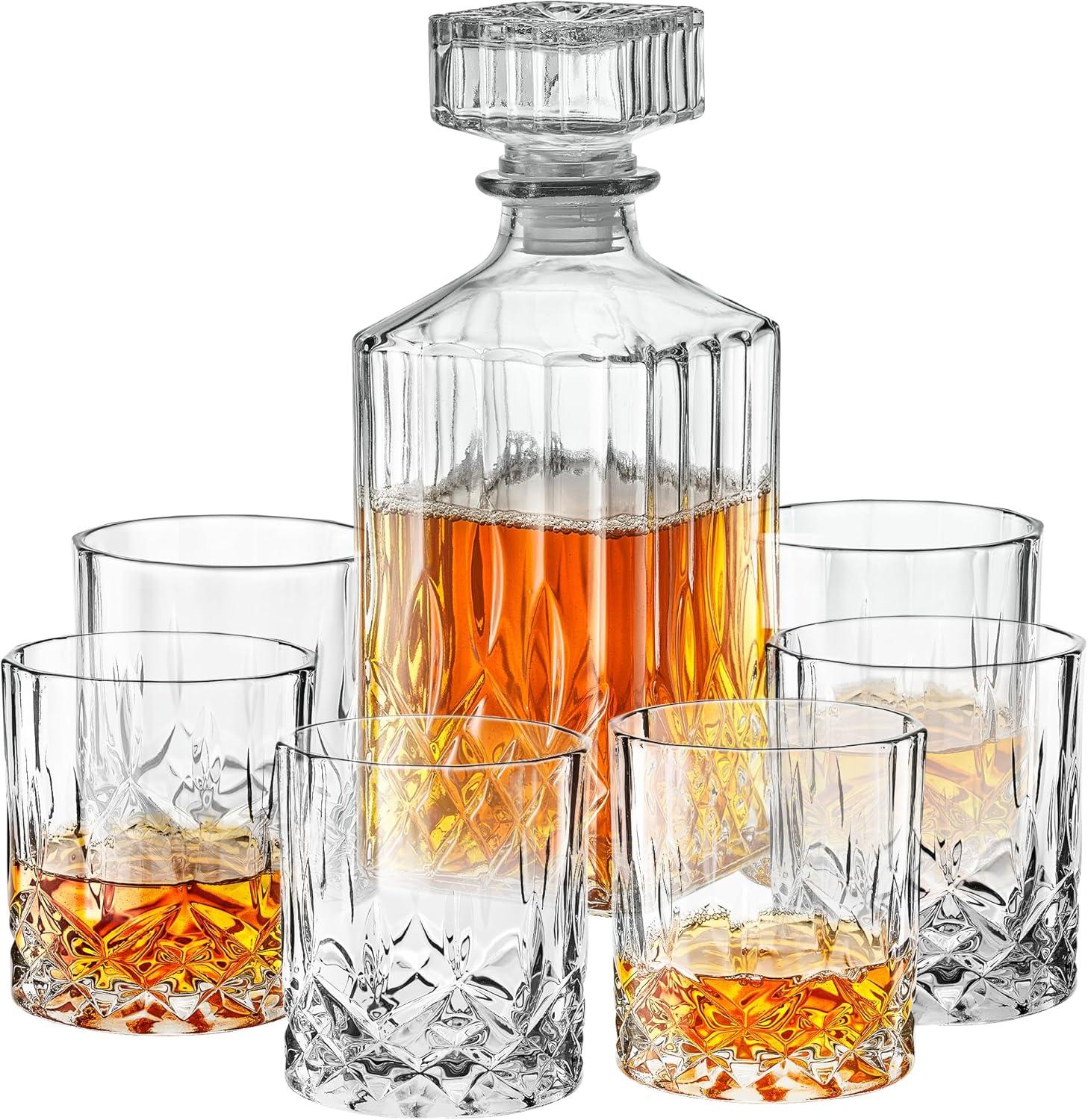 Style Setter, Clear, Loretto Glass Whiskey Decanter Set with 6 Whiskey Glasses, Set of 7