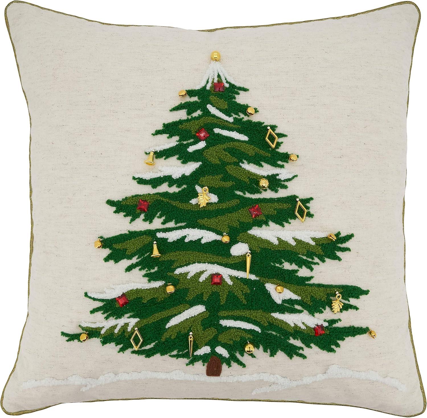 Natural Cotton Embroidered Christmas Tree Euro Pillow Cover