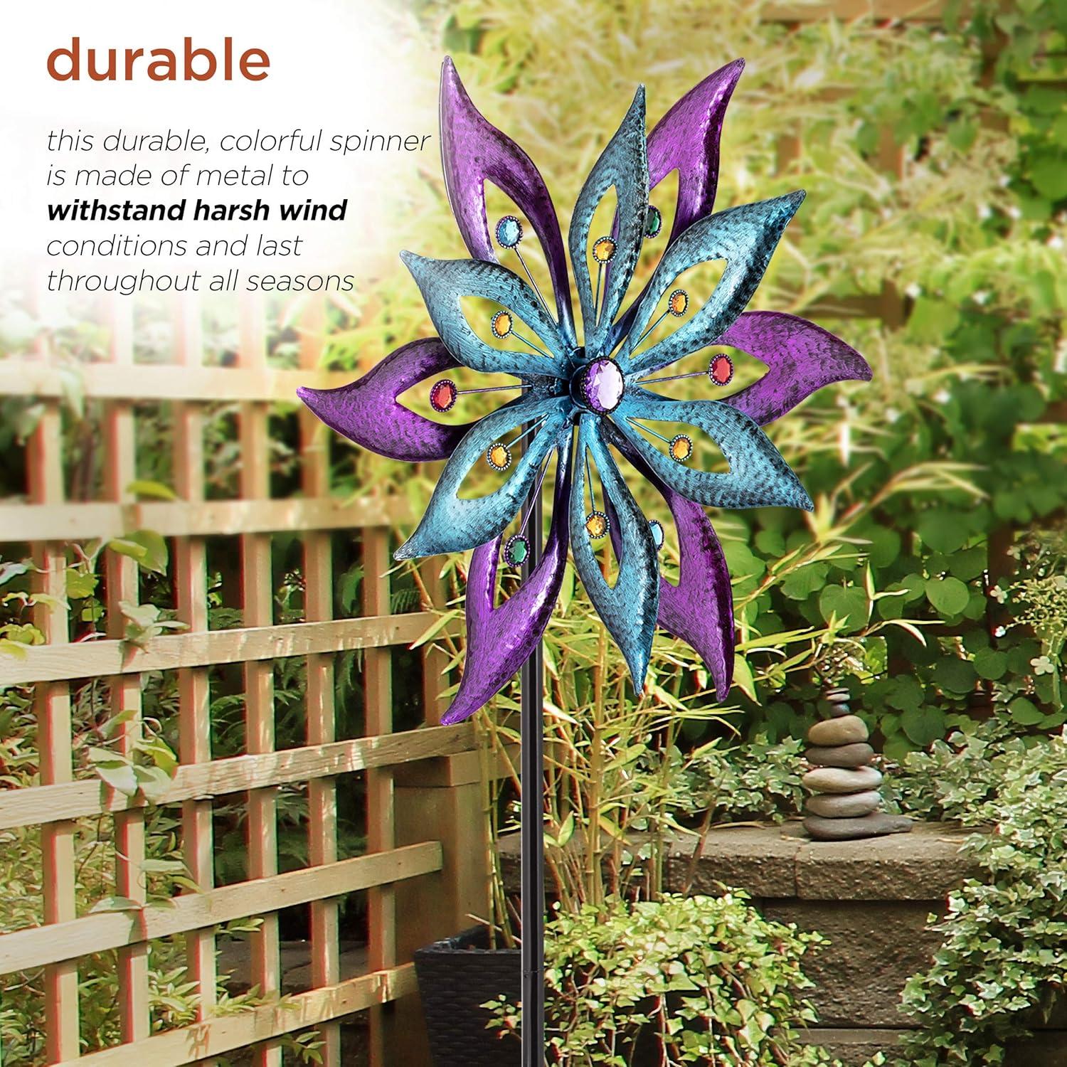 Purple and Aqua Floral Metal Wind Spinner Stake, 64"