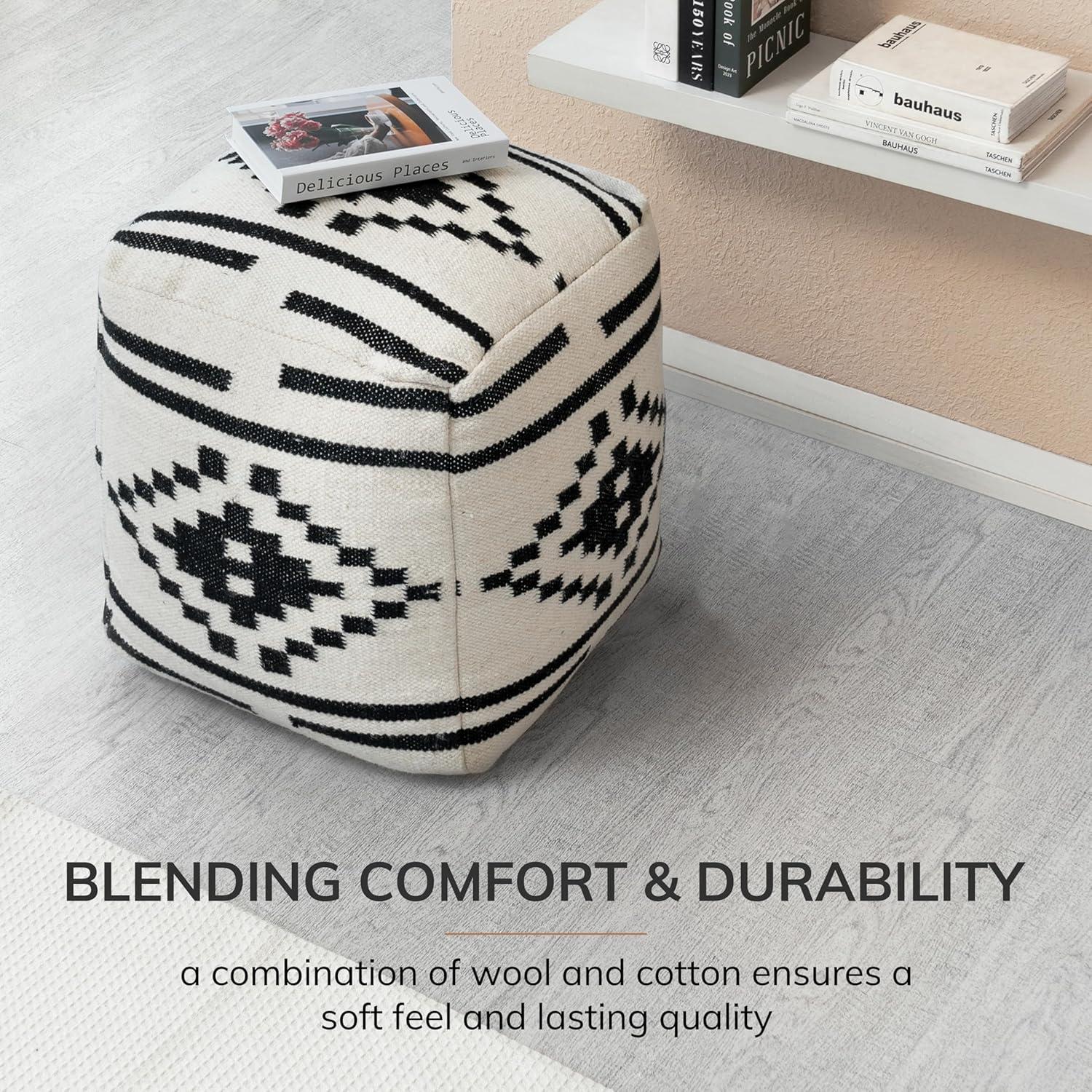 Handcrafted Geometric Black & White Wool-Cotton Pouf, 20"