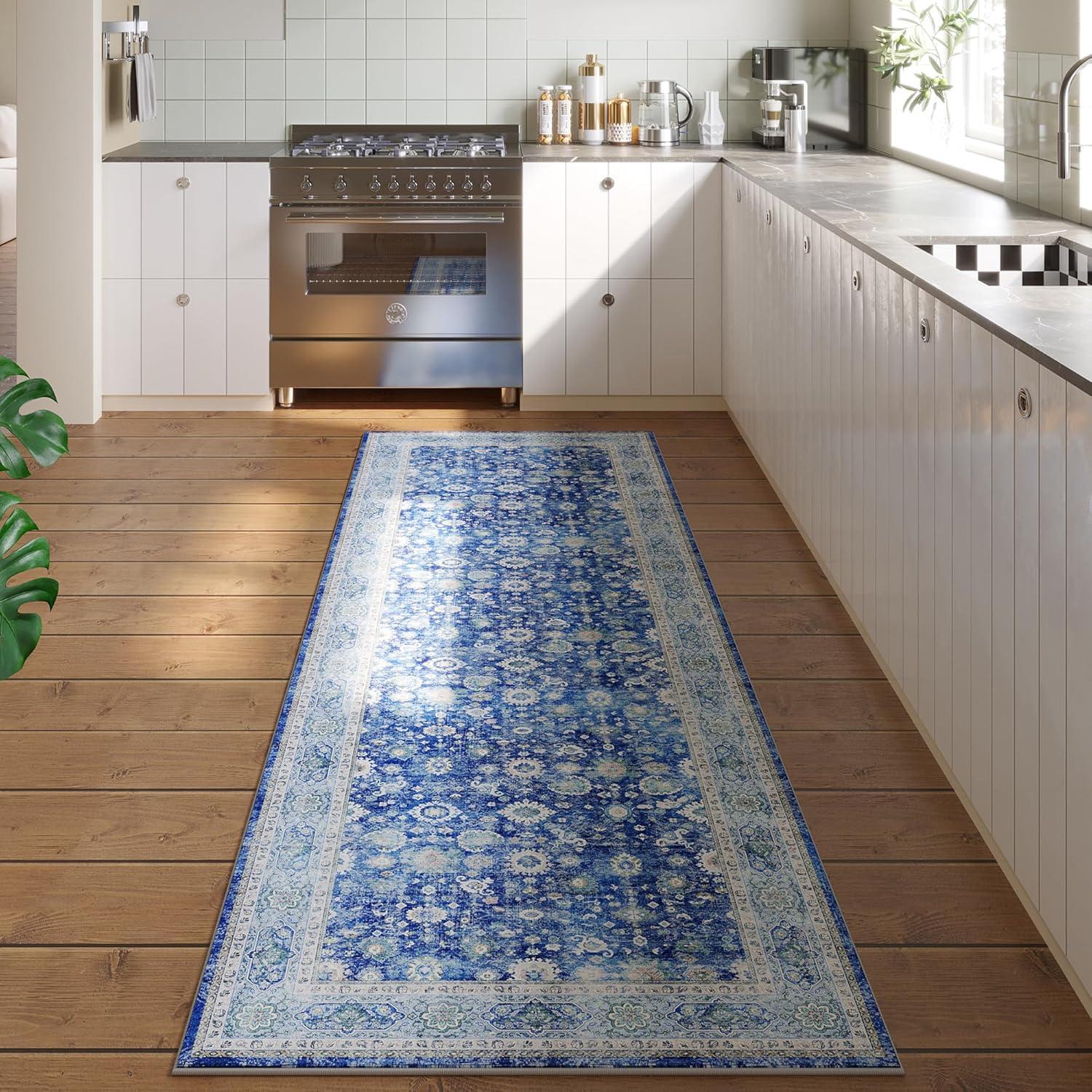 Hasoo 2' x 8' Kitchen Runner Rug Traditional Oriental Floral Print Rug Bedroom Kitchen Bathroom Laundry Rug, Blue