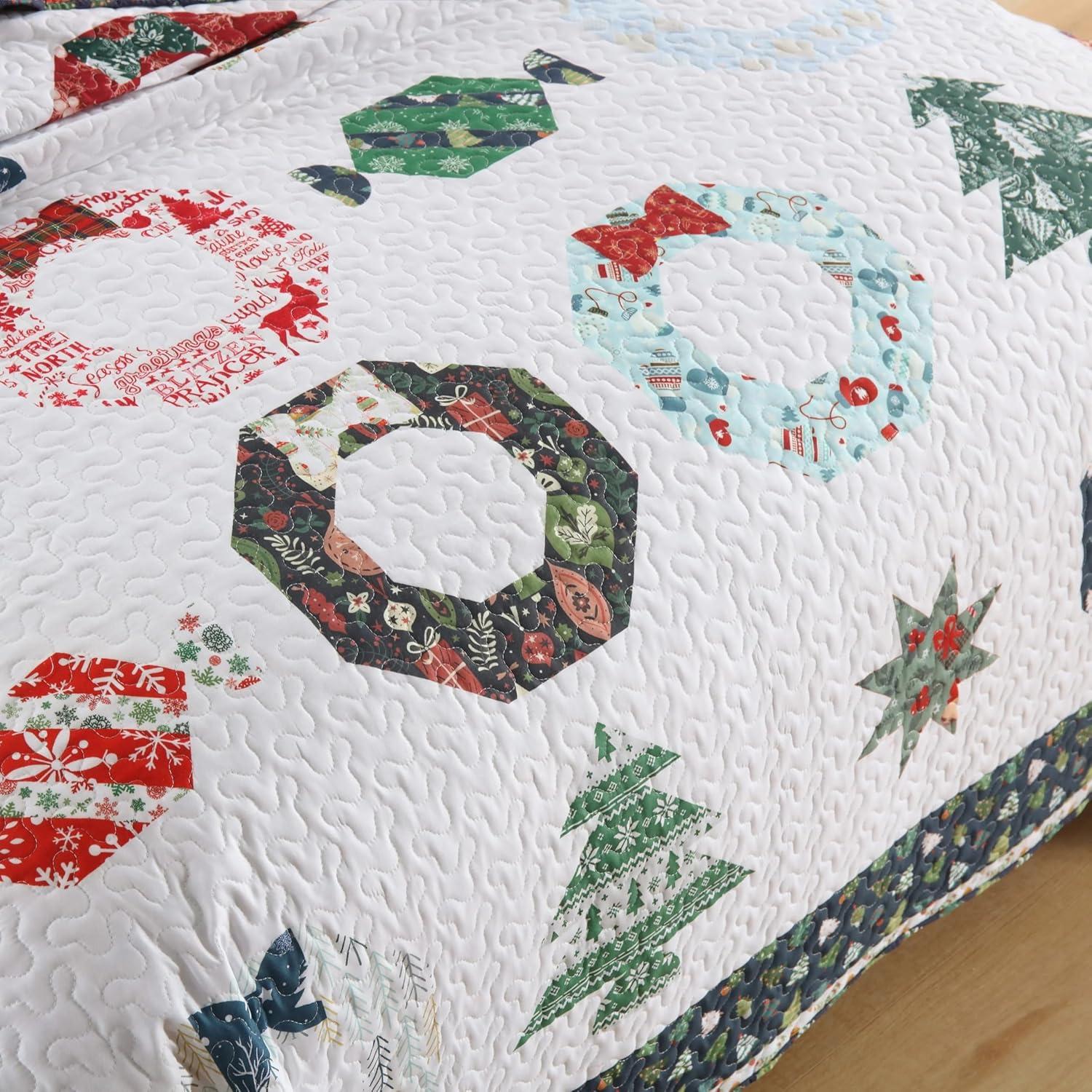 Blue Reversible Queen Christmas Quilt Bedspread Set