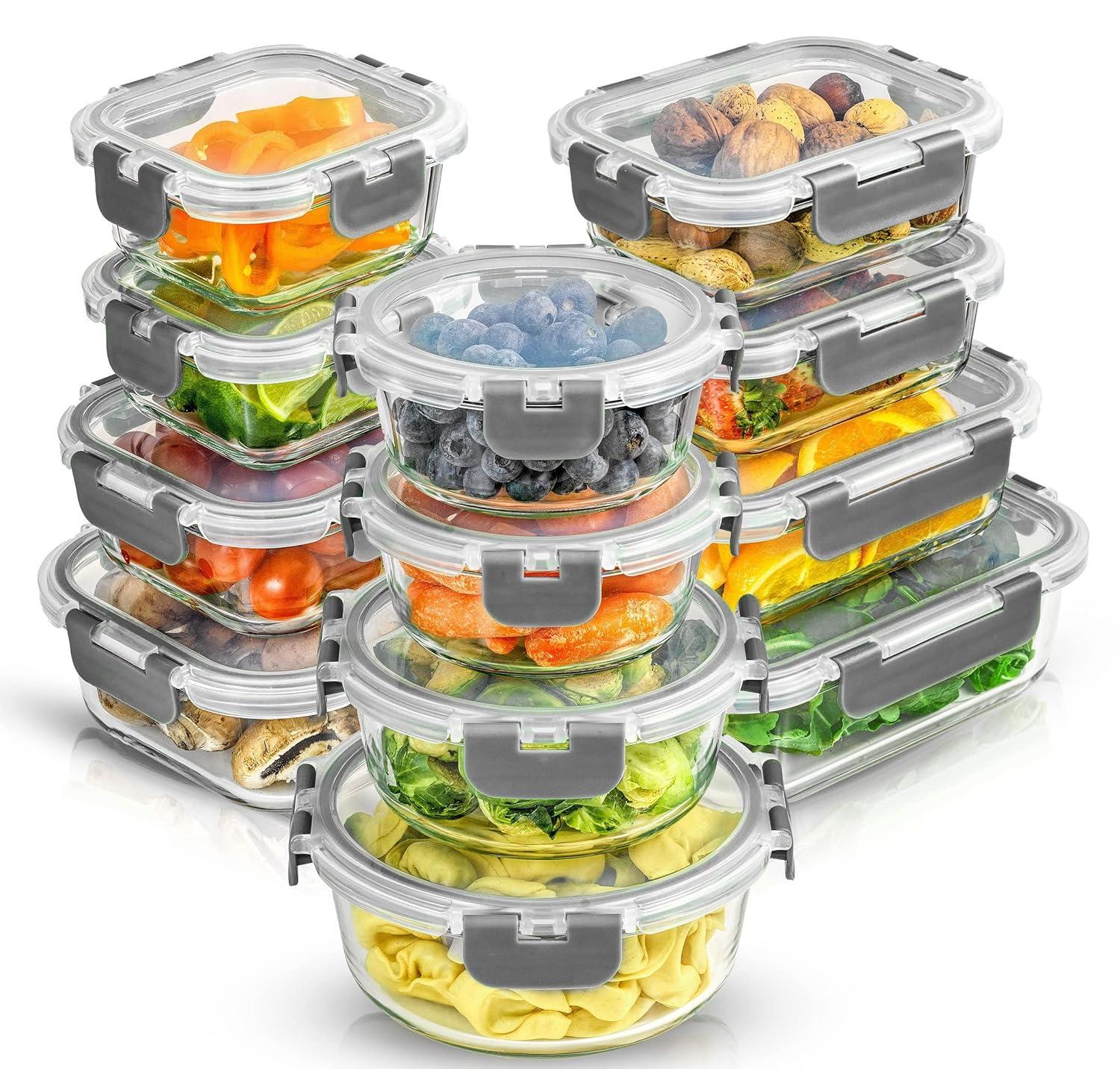 JoyJolt JoyJolt 24-Piece Glass Food Storage Container Set with Leakproof Lids, Light Grey (Set of 5)