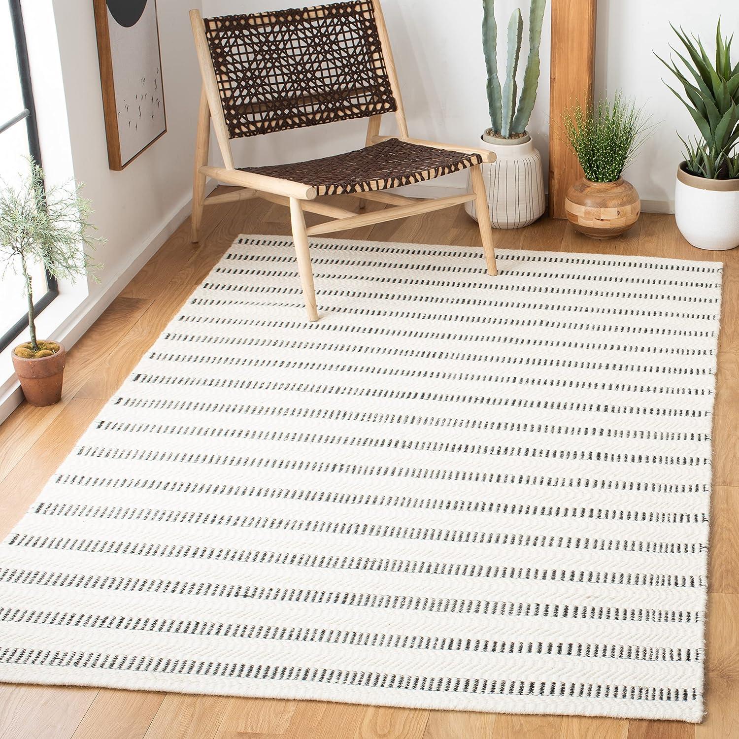 Mercury Row® Oquendo Striped Handmade Tufted Cotton/Wool Black/Ivory Area Rug