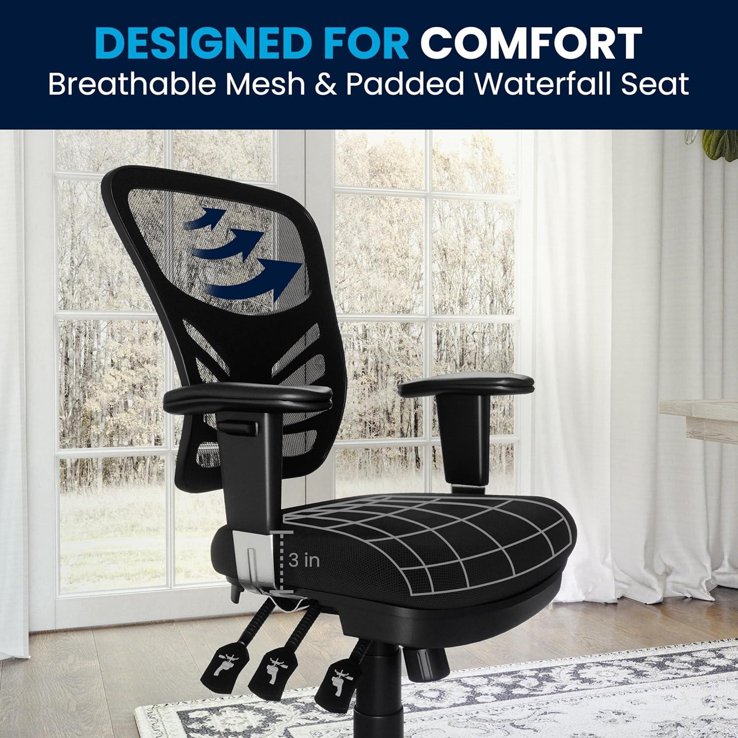 BizChair Mid-Back Black Mesh Multifunction Executive Swivel Ergonomic Office Chair with Adjustable Arms