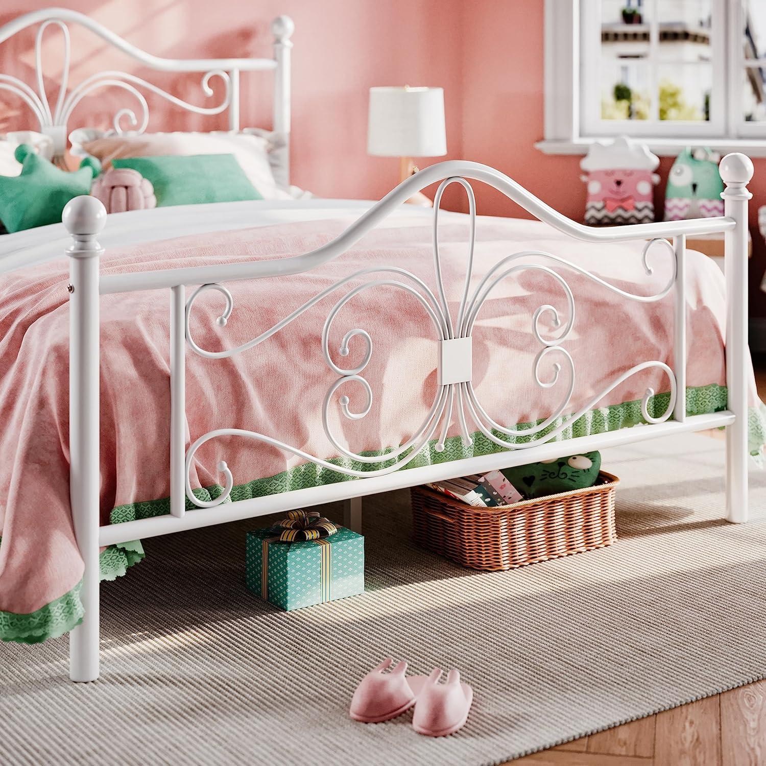 SHA CERLIN Twin Size Bed Frame for Kids,Metal Bed Frame with Butterfly Pattern Design Headboard & Footboard,No Box Spring Needed,Easy Assembly,White