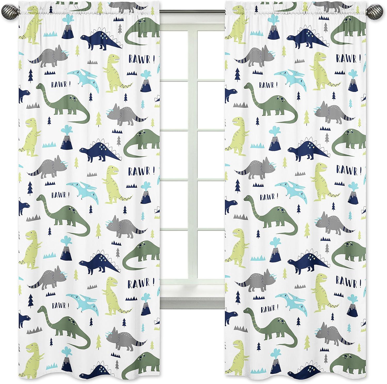 Blue and Green Dinosaur Print Rod Pocket Curtain Panels