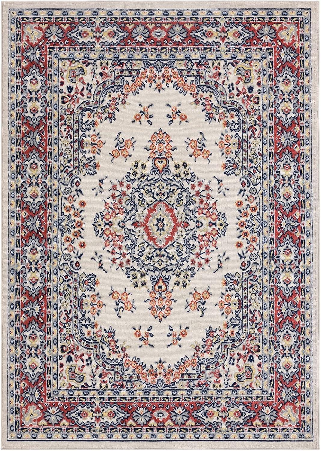 Ivory and Red Synthetic Traditional Medallion Area Rug