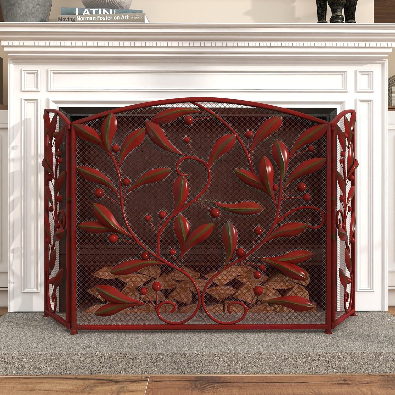 DecMode 45" x 30" Red Metal Foldable Mesh Netting 3 Panel Fireplace Screen with Leaf and Vine Relief, 1-Piece