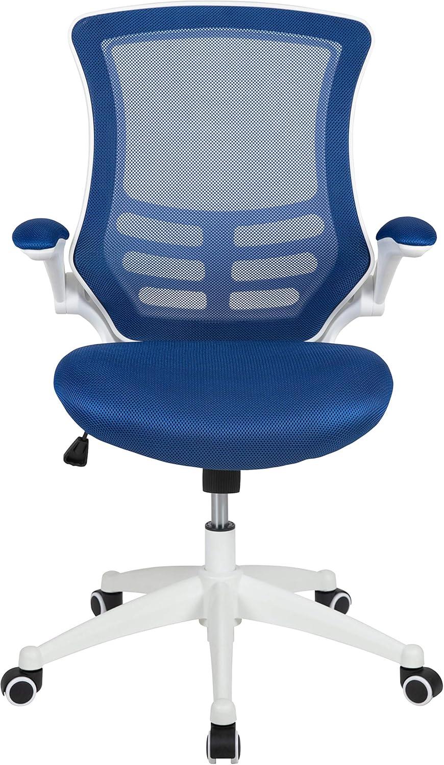 Flash Furniture Kelista Mid-Back Blue Mesh Swivel Ergonomic Task Office Chair with White Frame and Flip-Up Arms