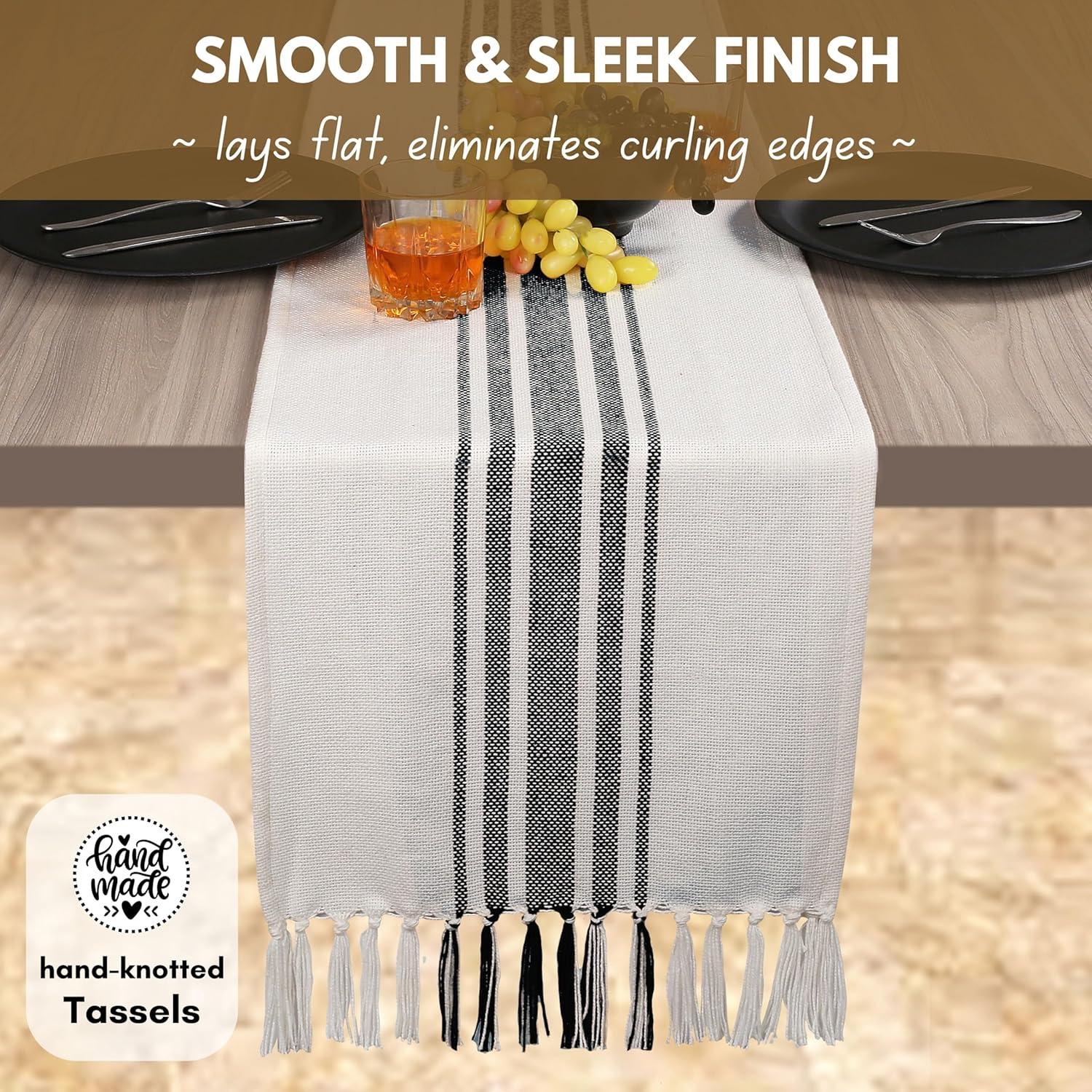 Design Imports  Black Striped Fringe Ribbed Table Runner 14X72