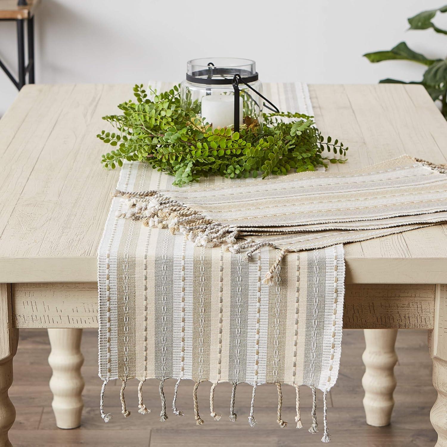 DII 14x72" Modern Cotton Tonal Stripe with Fringe Table Runner in Natural