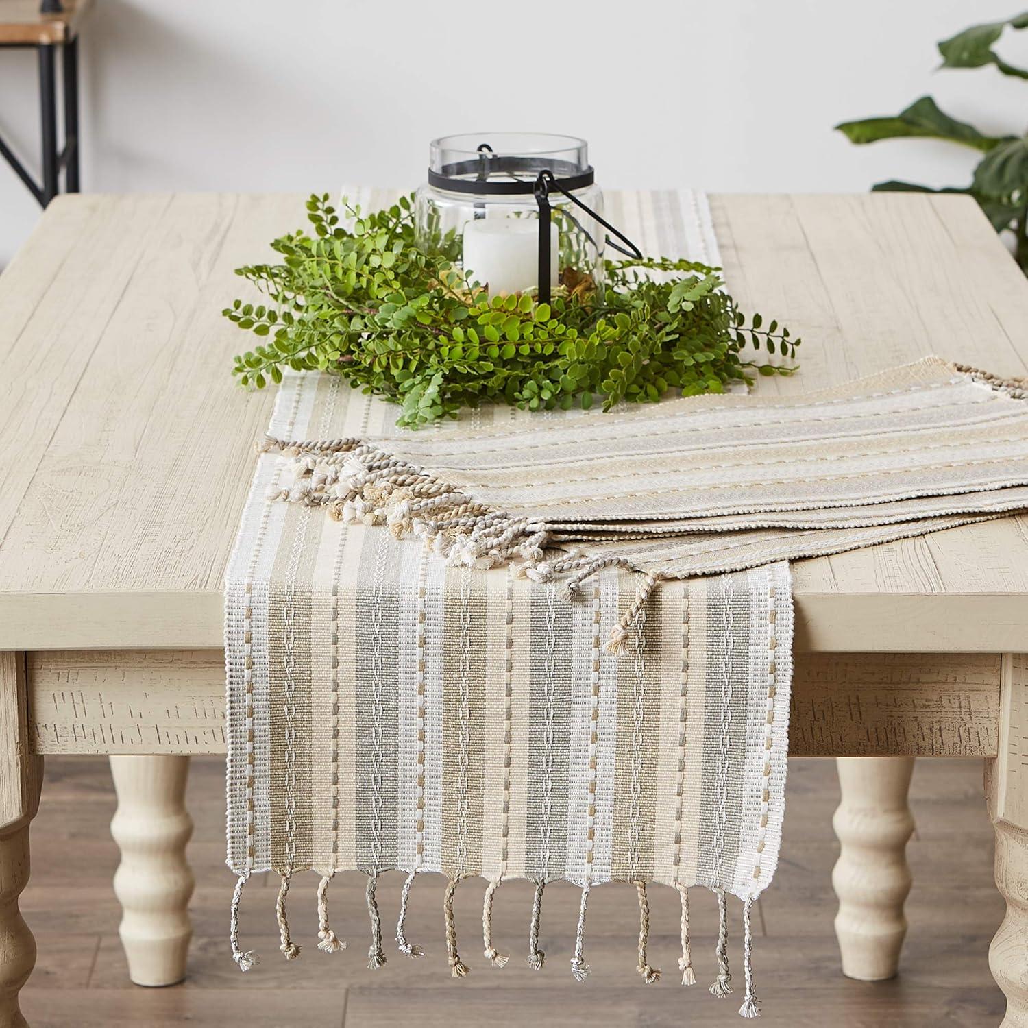 Design Imports  Natural Tonal Stripe With Fringe Table Runner 14X72