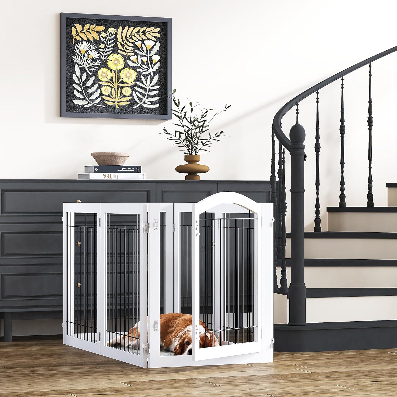 144-Inch White Solid Wood Freestanding Pet Gate with Door