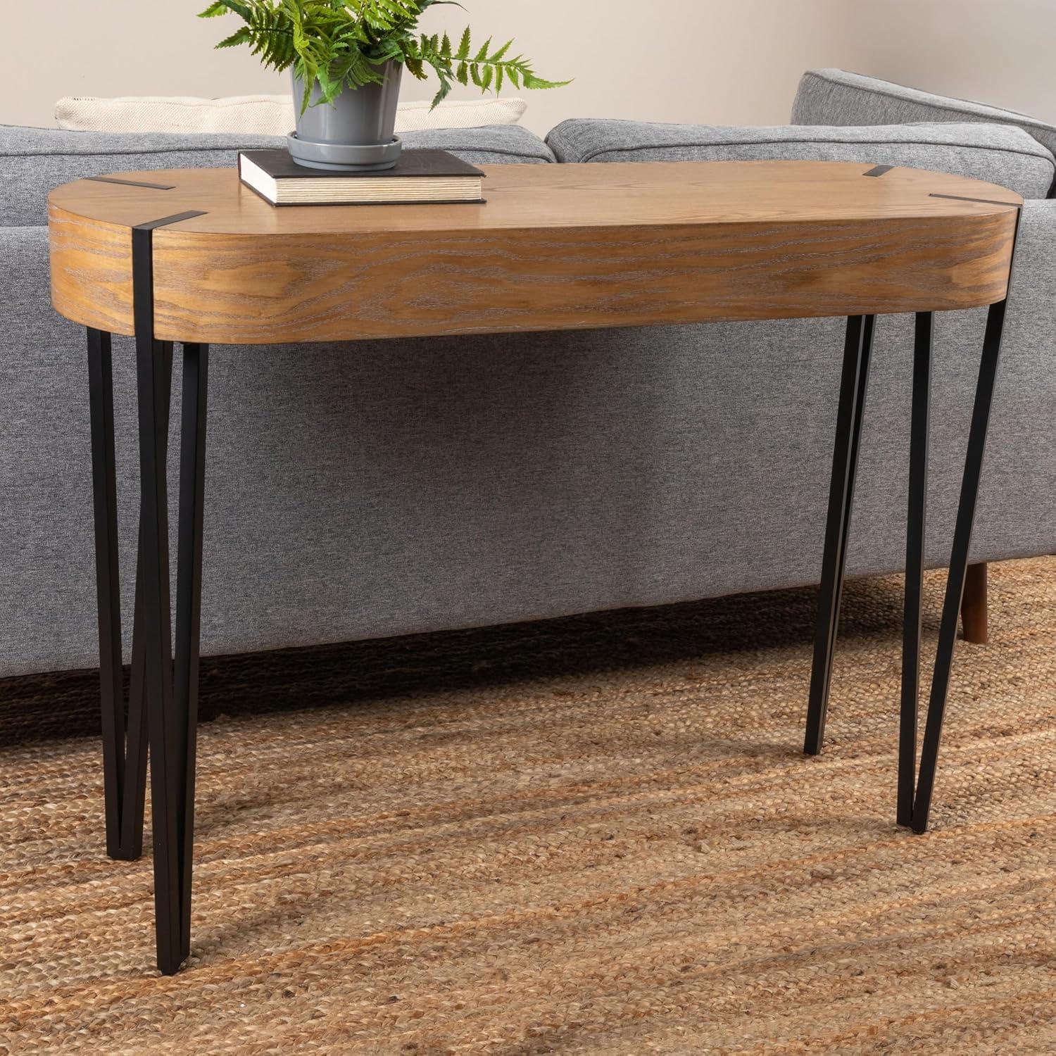 Storied Home Astoria Wood Console Table Natural/Black: White Oak Finish, Iron Hairpin Legs, Entryway Furniture