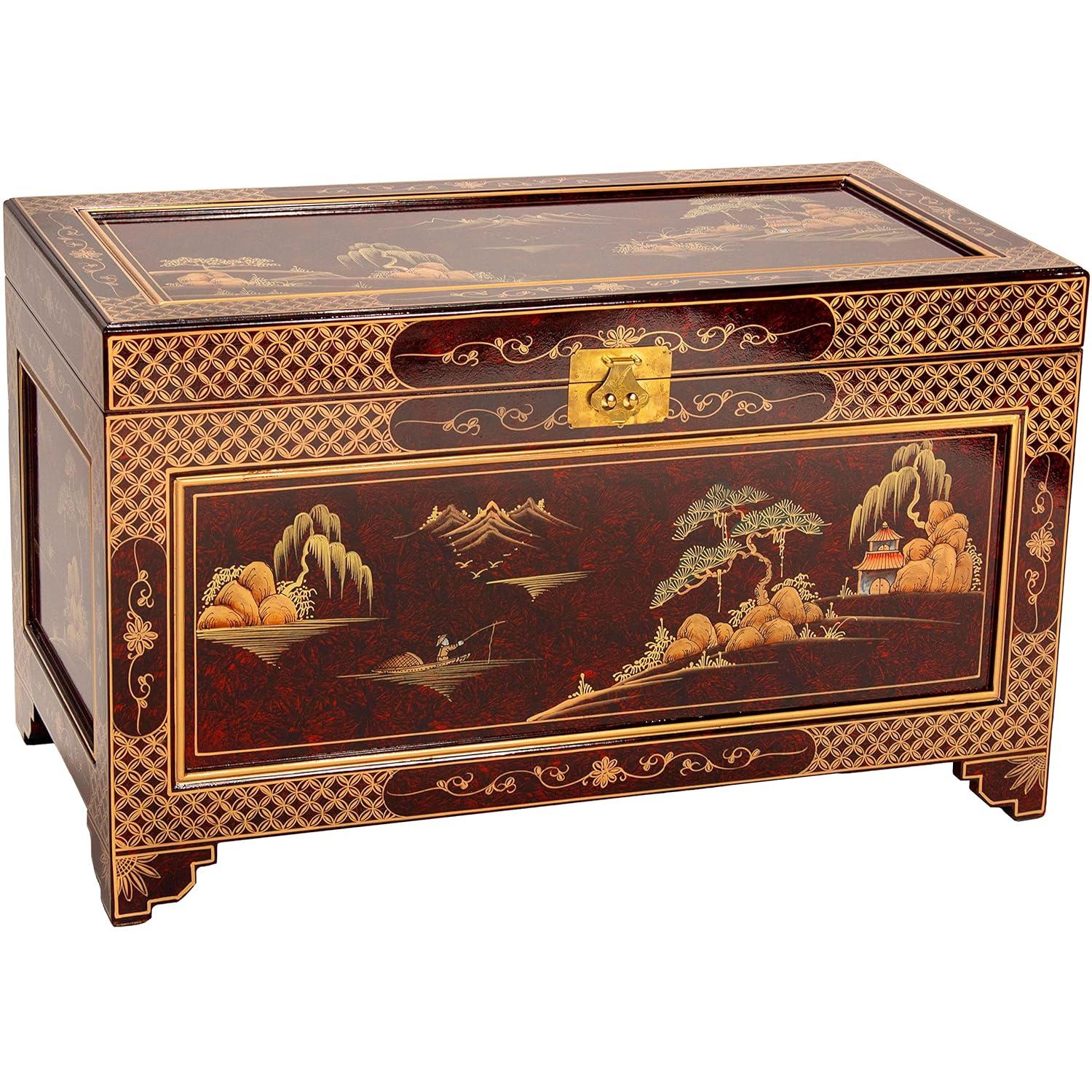 Oriental Furniture Red Lacquer Trunk - Landscape