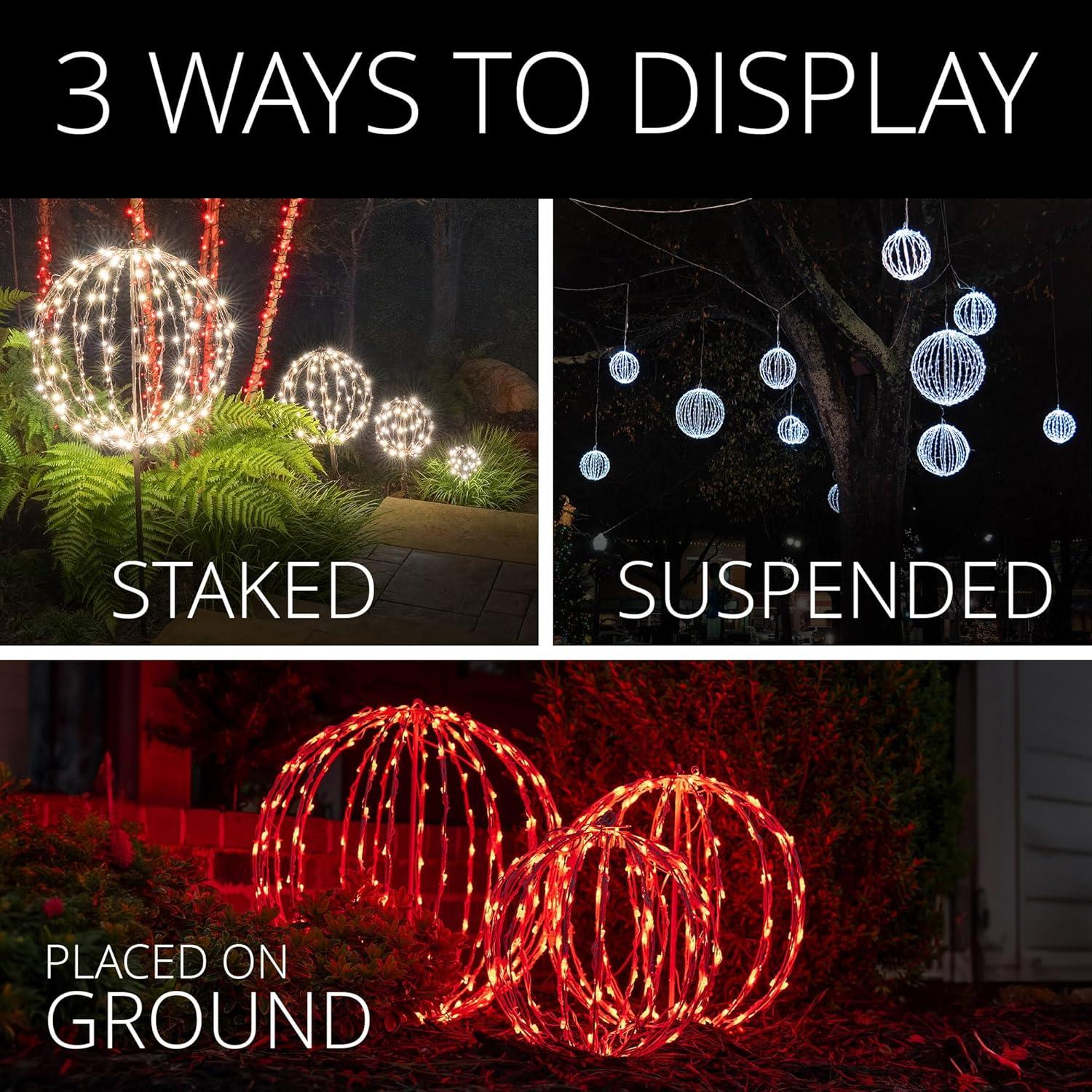 LED Light Ball - Indoor/Outdoor Christmas Light Balls, Light Spheres Outdoor/Sphere Light Fold Flat Metal Frame (16", White Frame/Warm White Lights)