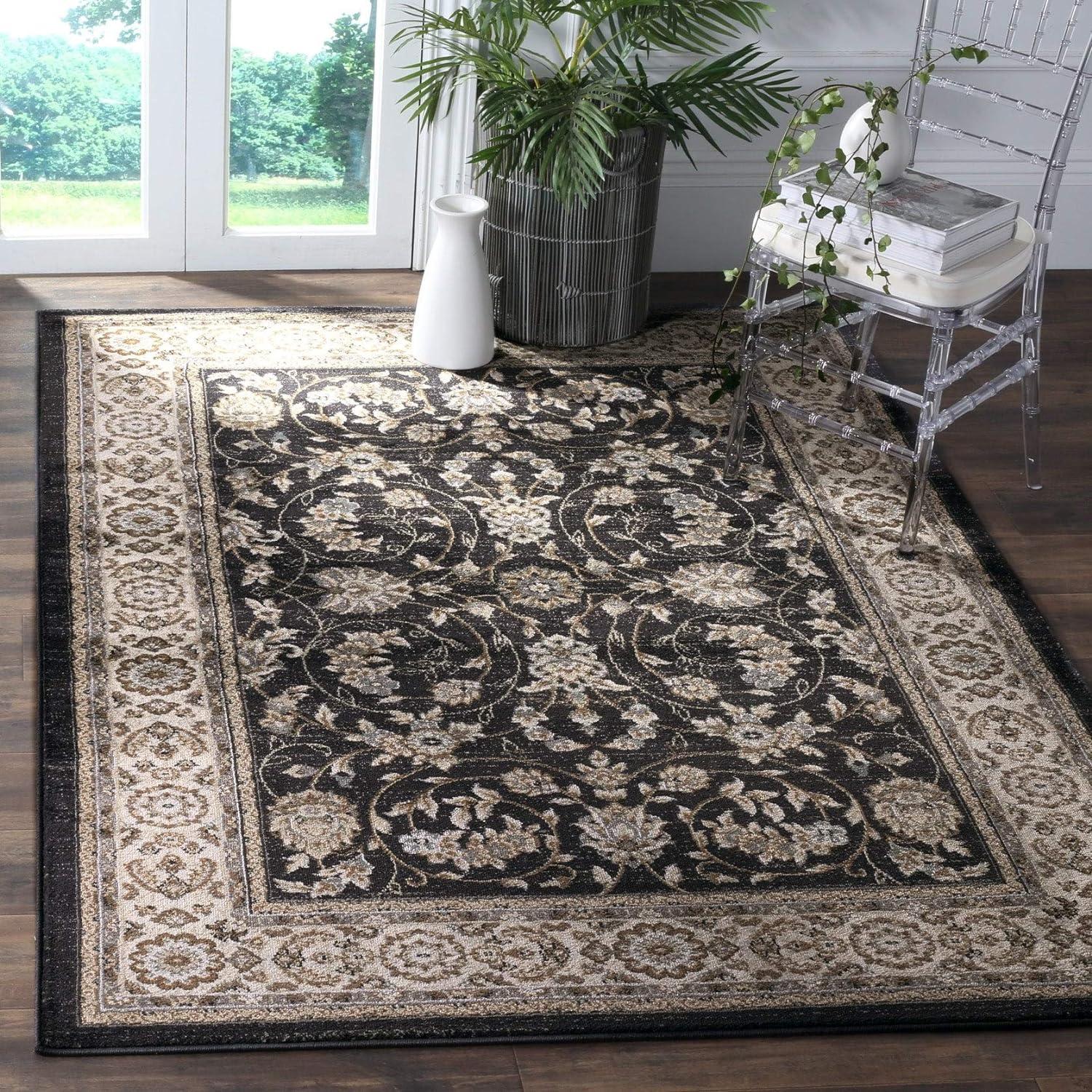 Grey and Cream Floral Square Synthetic Area Rug