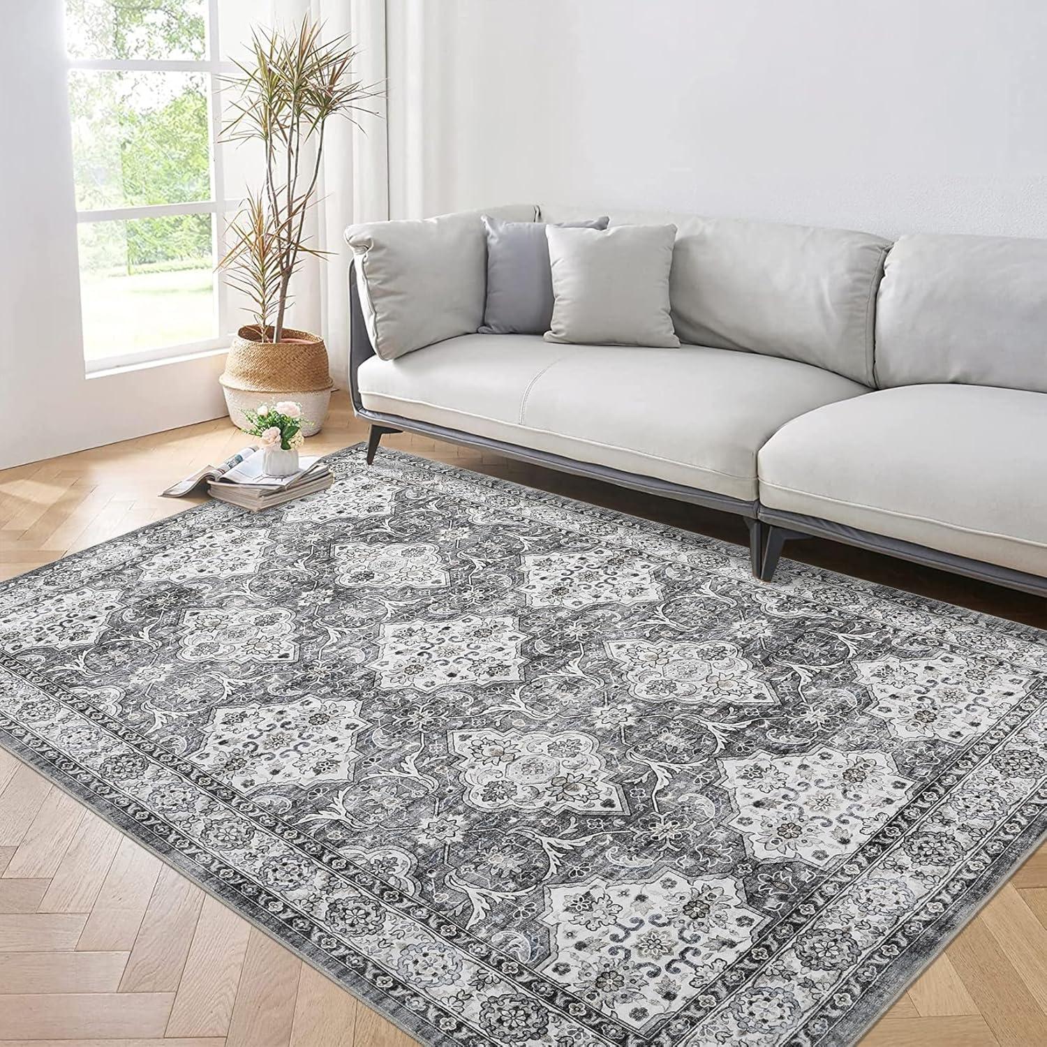 HOMERRY 9' x 12' Area Rug for Living Room Boho Vintage Rug Non Slip Throw Rugs Floral Bedroom Rug, Gray